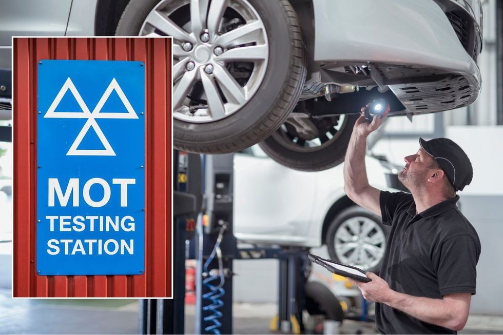 MOT test station sign and a man repairing a car