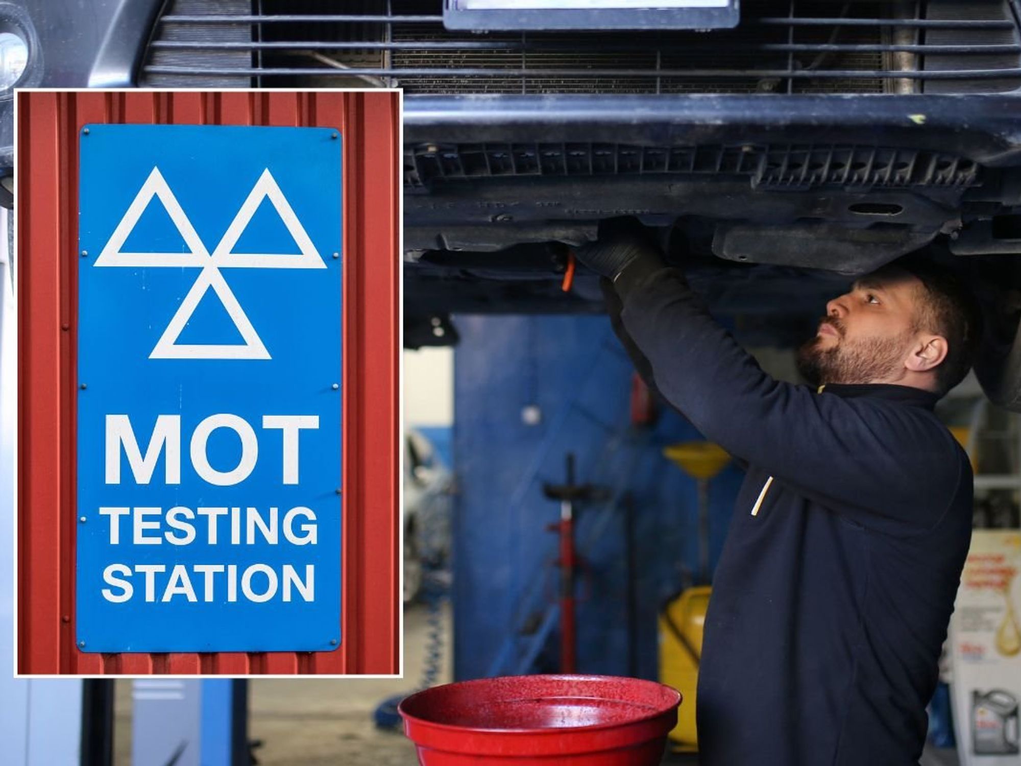 MOT testing station sign and a mechanic repairing a car