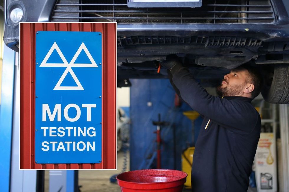MOT testing station sign and a mechanic repairing a car