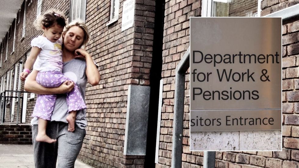 Mother with child and DWP sign