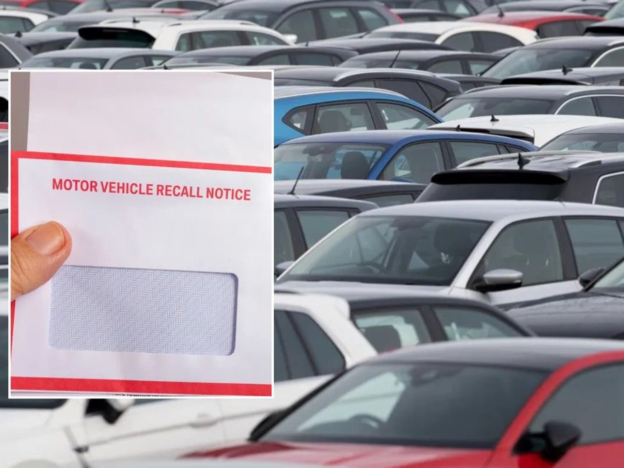 Motor vehicle recall notice letter and a busy car park