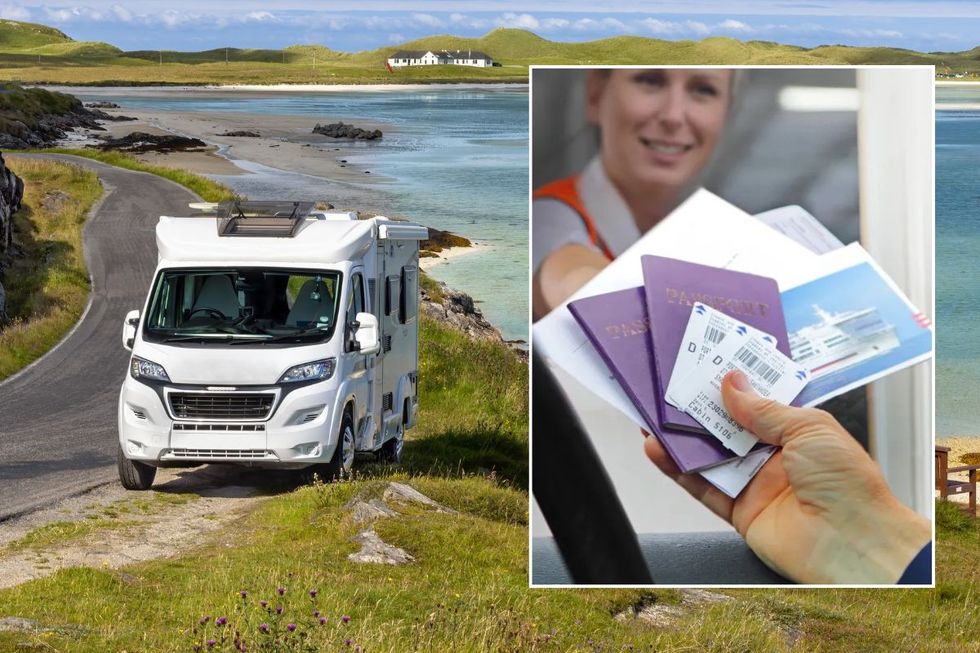 Motorhome and a man handing documents over to a border control officer