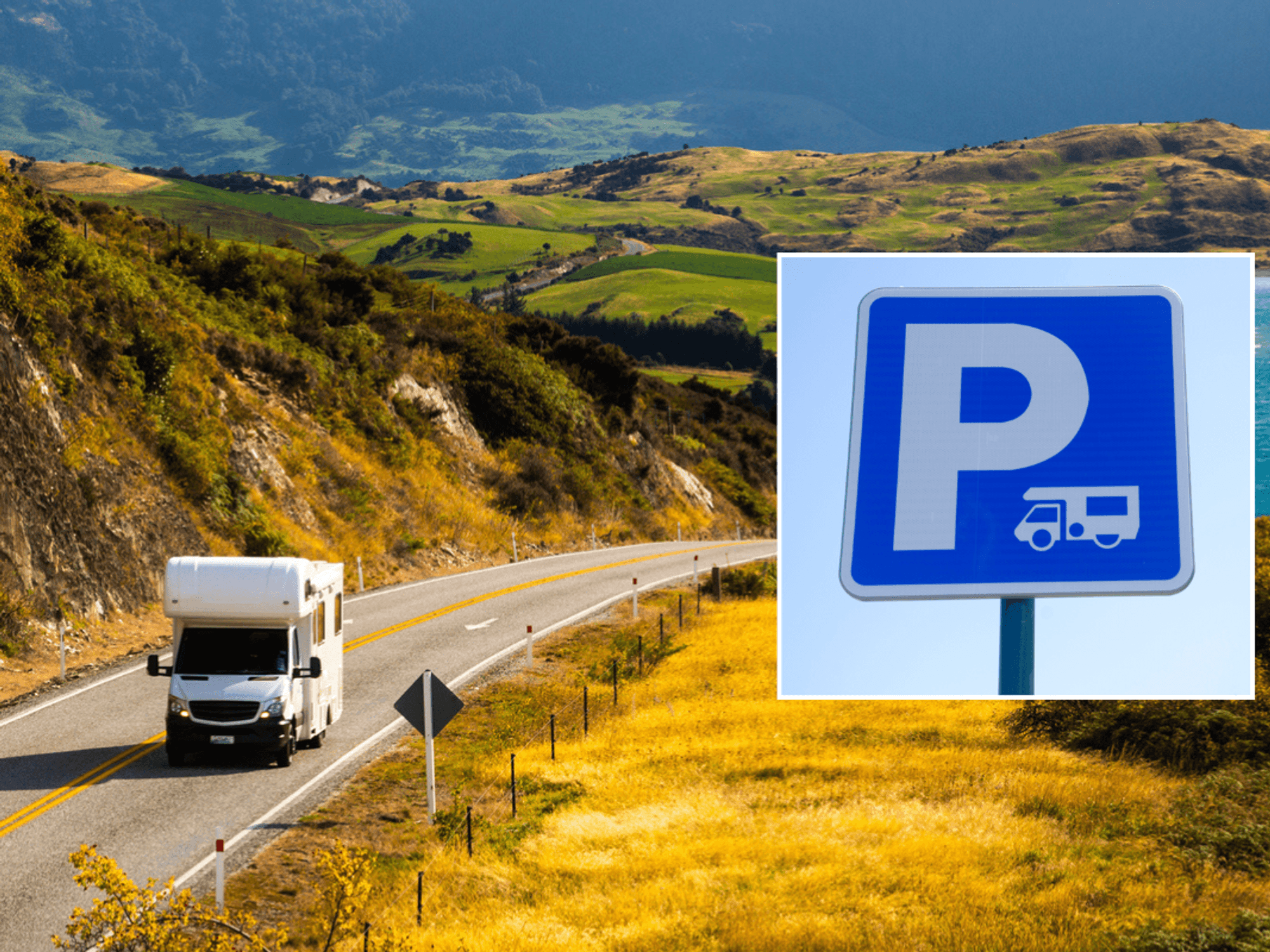 Motorhome on road and parking sign