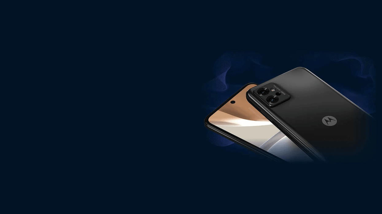 motorola g32 phone is pictured from the front and back with a swirling blue background