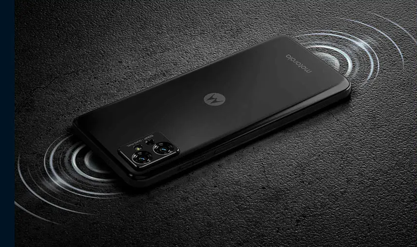 motorola lying face-down on the ground with soundwaves from the top and bottom