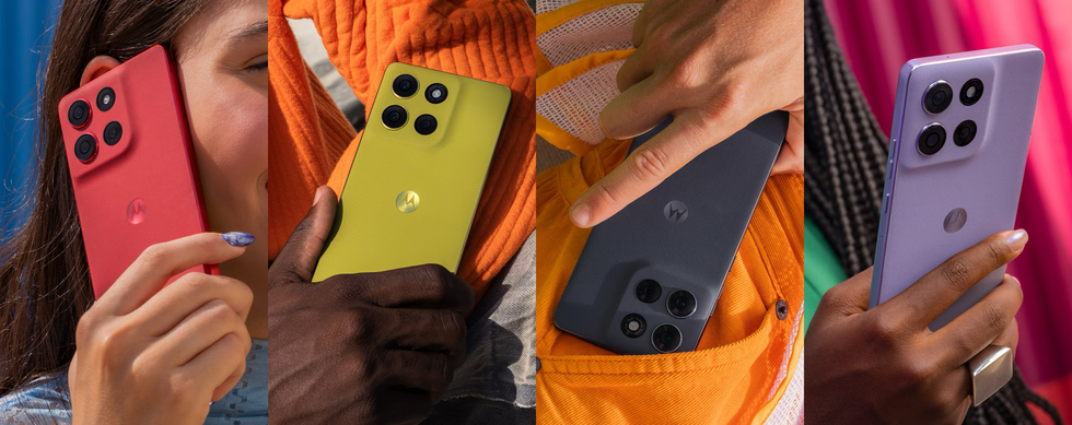 Motorola Moto G86 Power 5G phone shown in all four colours available