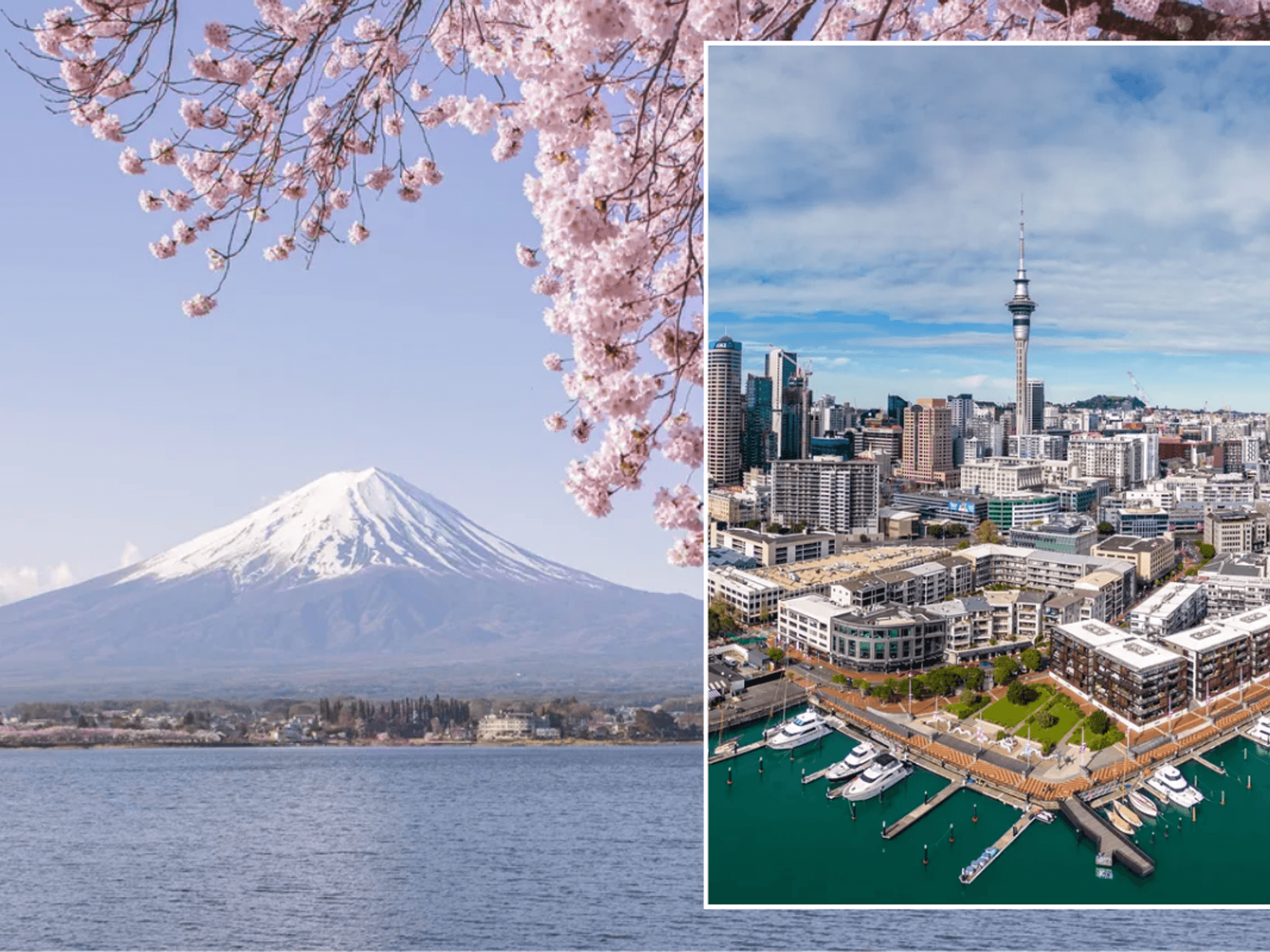 Mount Fuji, Japan / Auckland Viaduct Harbour, New Zealand