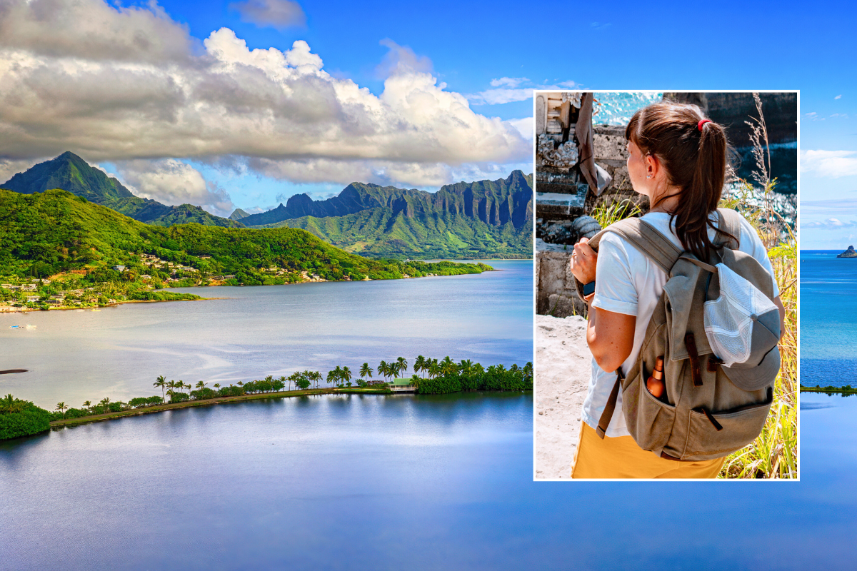 Mountains in Hawaii / tourist with backpack 