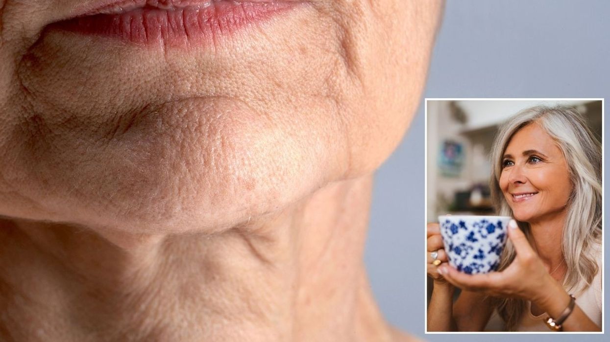 Mouth of older woman / Middle-aged woman drinking coffee