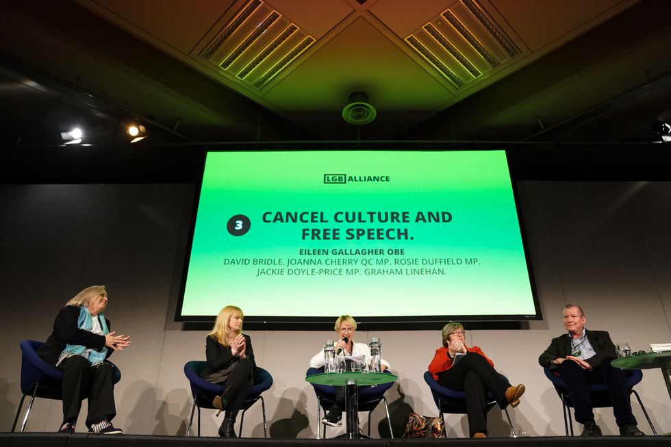 MP Rosie Duffield (2nd left), MP Joanna Cherry QC (2nd right) and writer Graham Linehan (right) during the first LGB Alliance annual conference.