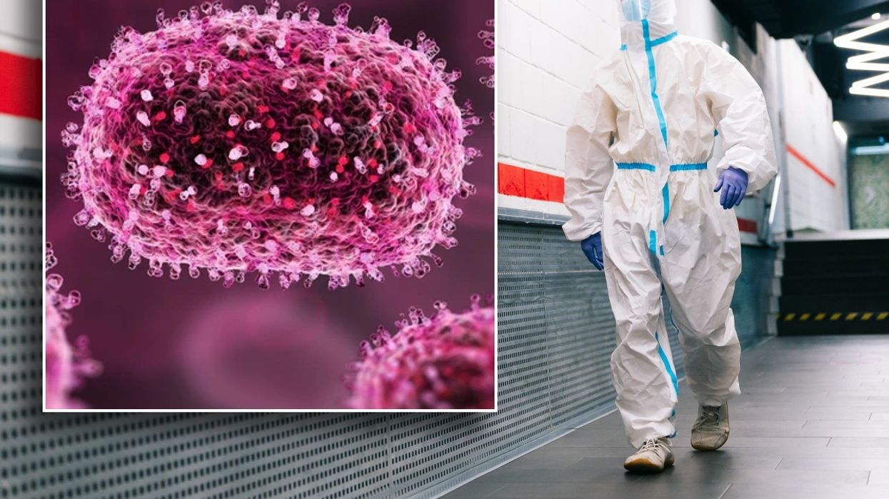 Mpox virus and man in hazmat suit
