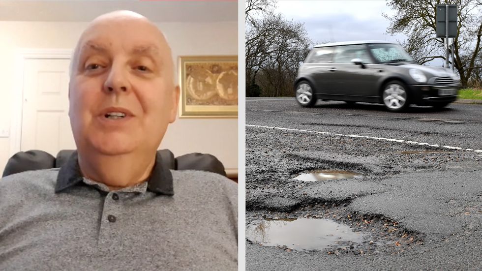 Mr Pothole and a pothole on a British road