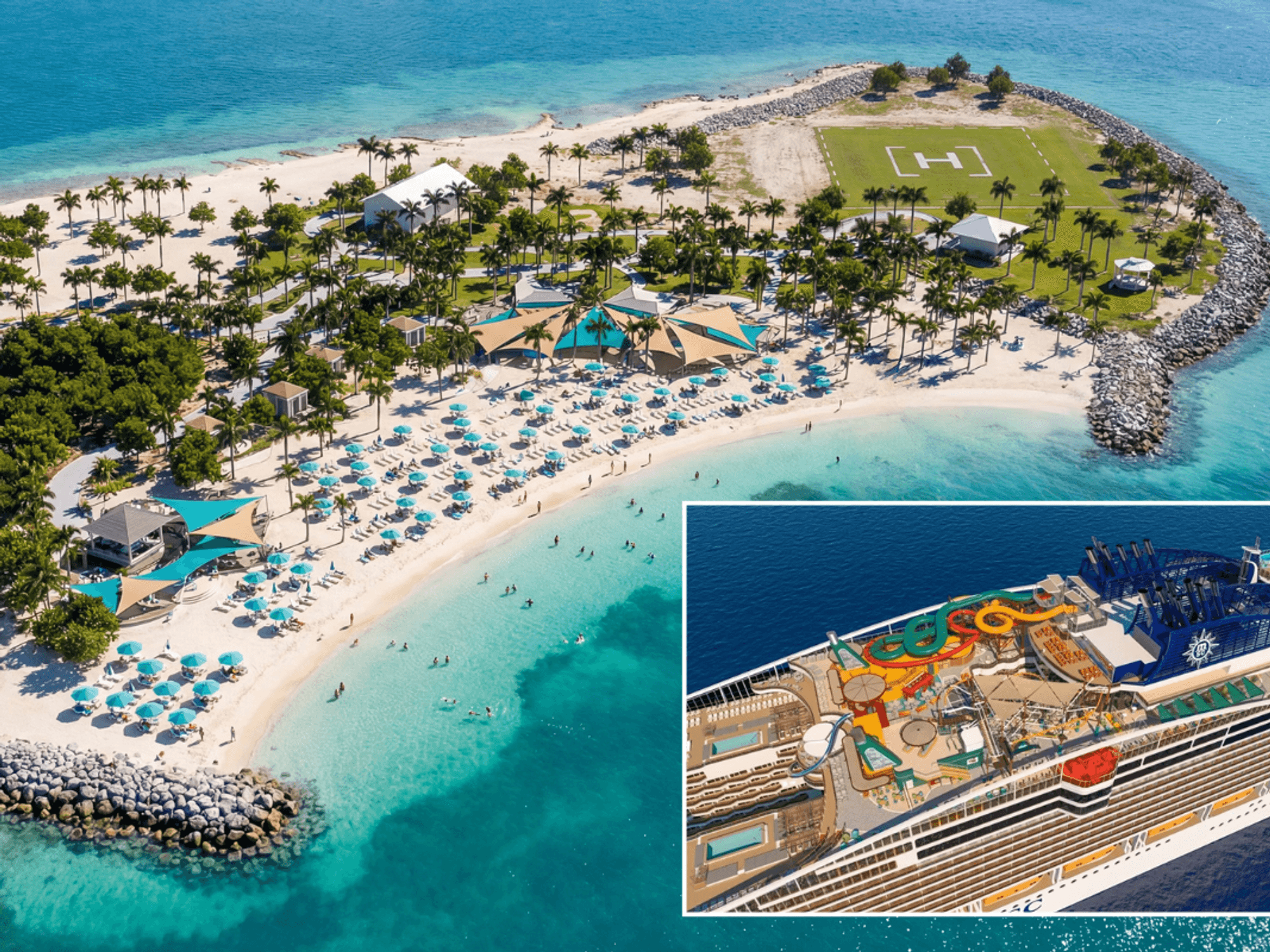 MSC Cruises private Bahamian island / MSC ship birdseye view
