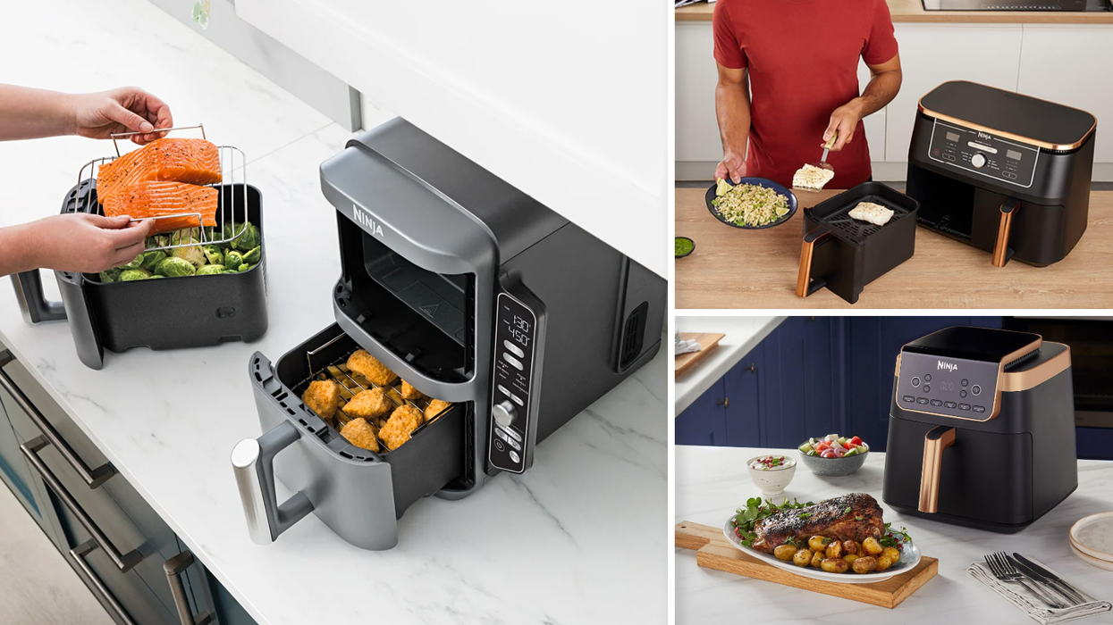 Multiple images showing the Ninja Air Fryers in-use in kitchens