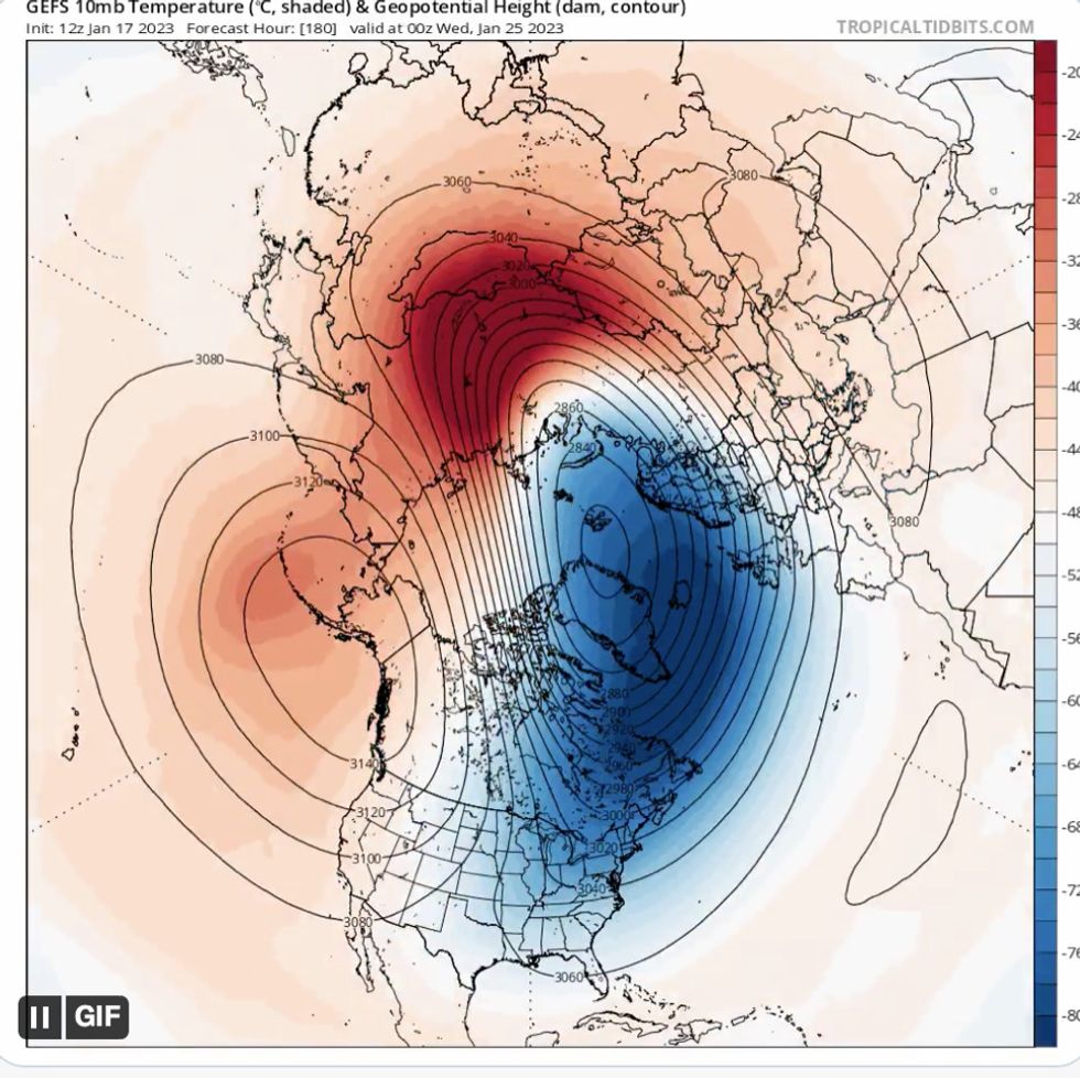 Multiple weather maps now show the SSW event 'splitting' the Polar Vortex