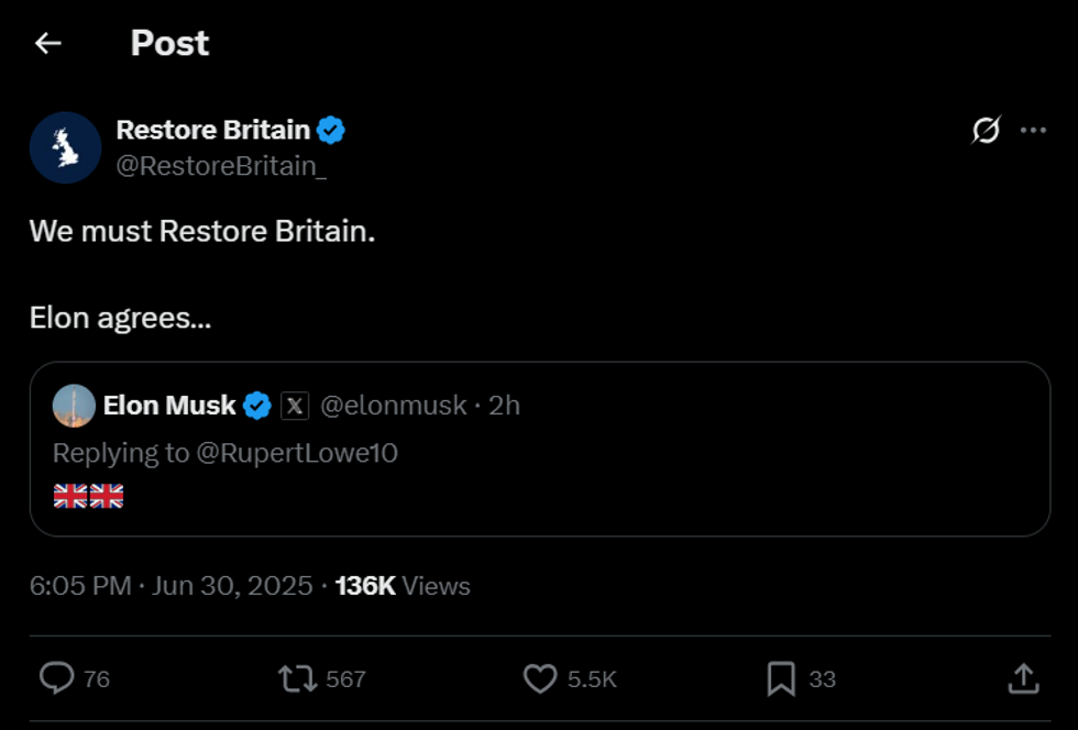 Musk posted with two British flags under Rupert Lowe's announcement