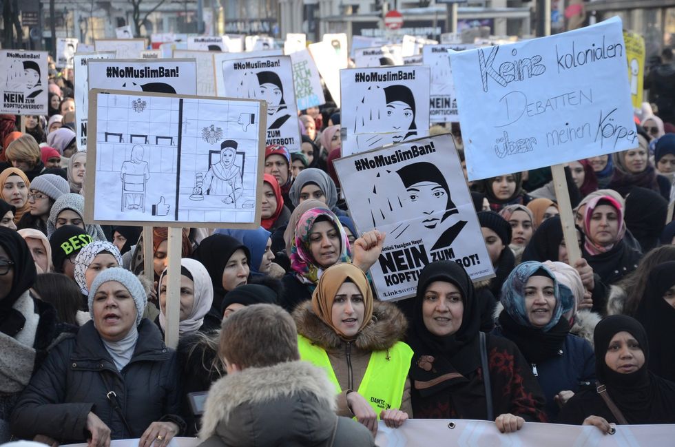 Muslim women protesting against headscarf ban