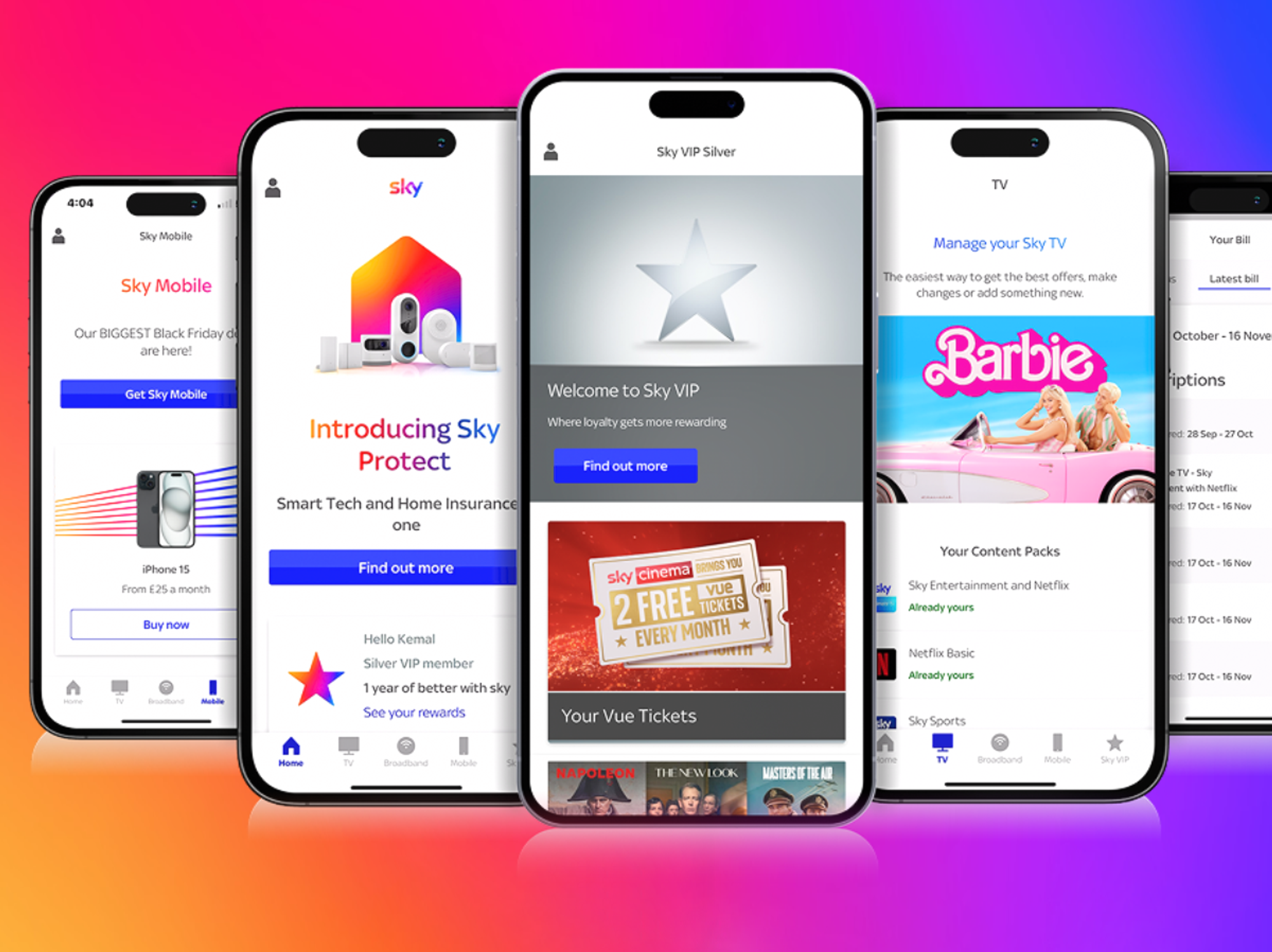 MySky app shown on iPhone with different screens