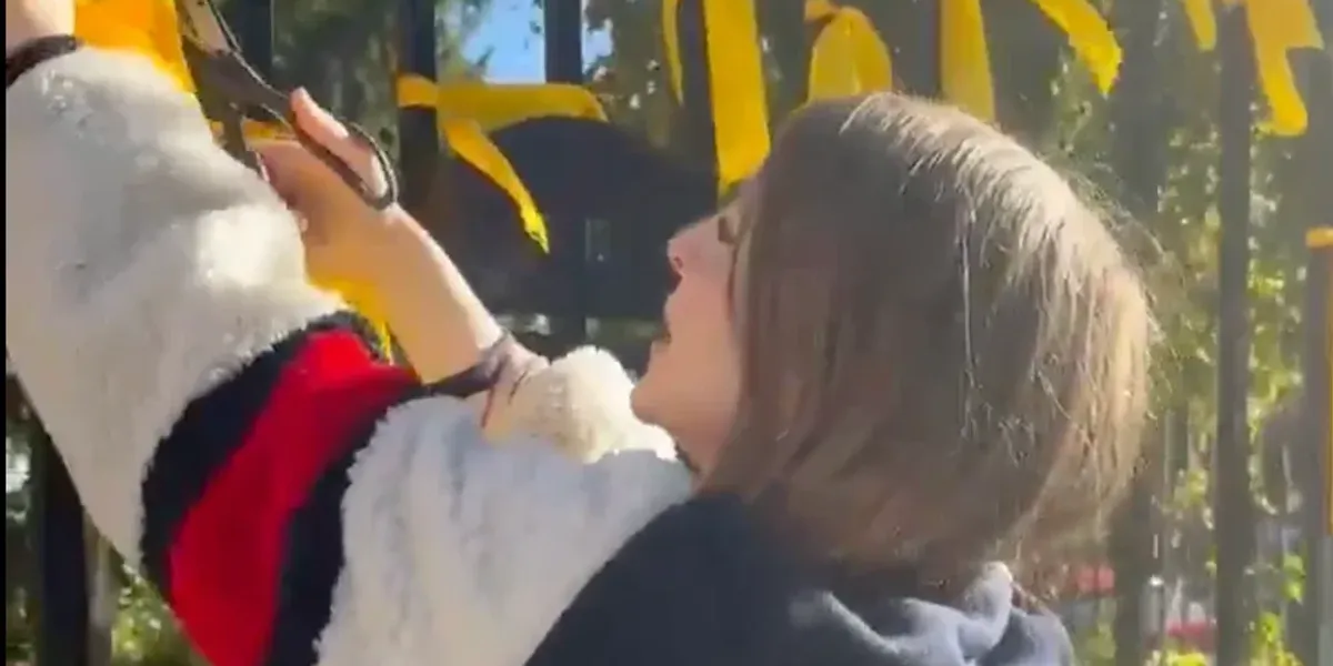 NextImg:Husband of woman filmed cutting down October 7 memorial ribbons claims she was 'attacked by Mossad'