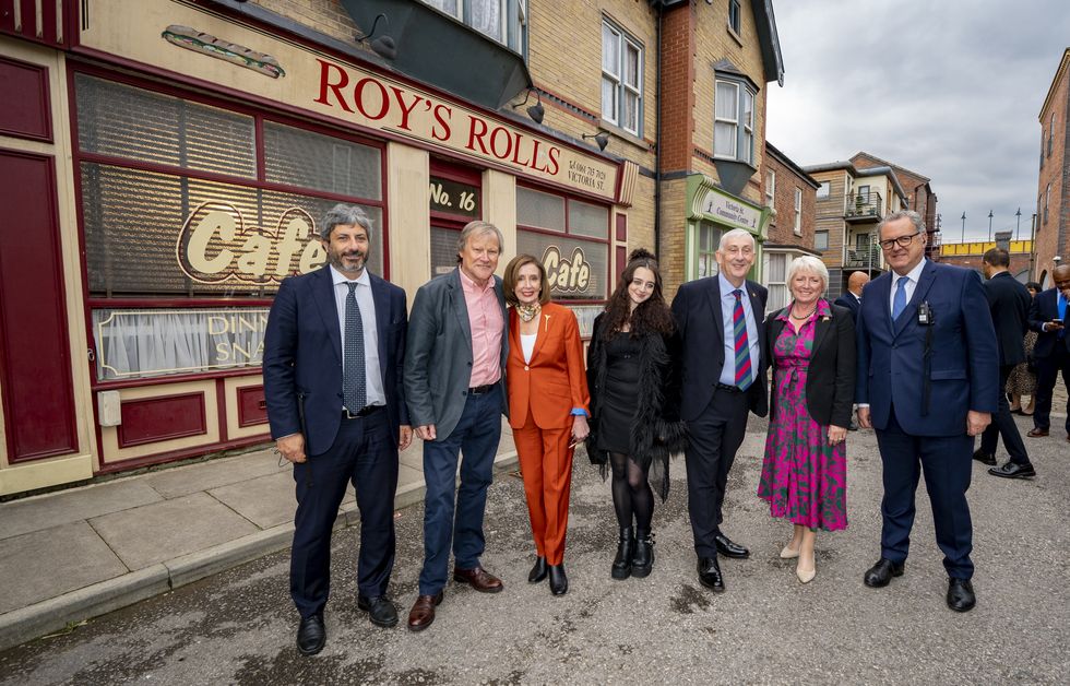 Nancy Pelosi, the Speaker of the United States House of Representatives and and Sir Lindsay Hoyle, Speaker of the House of Commons, with actors David Neilson and Mollie Gallagher, as they join other speakers attending the G7 Speakers Conference during a visit to the Coronation Street set at Media City, Salford. Picture date: Sunday September 19, 2021.