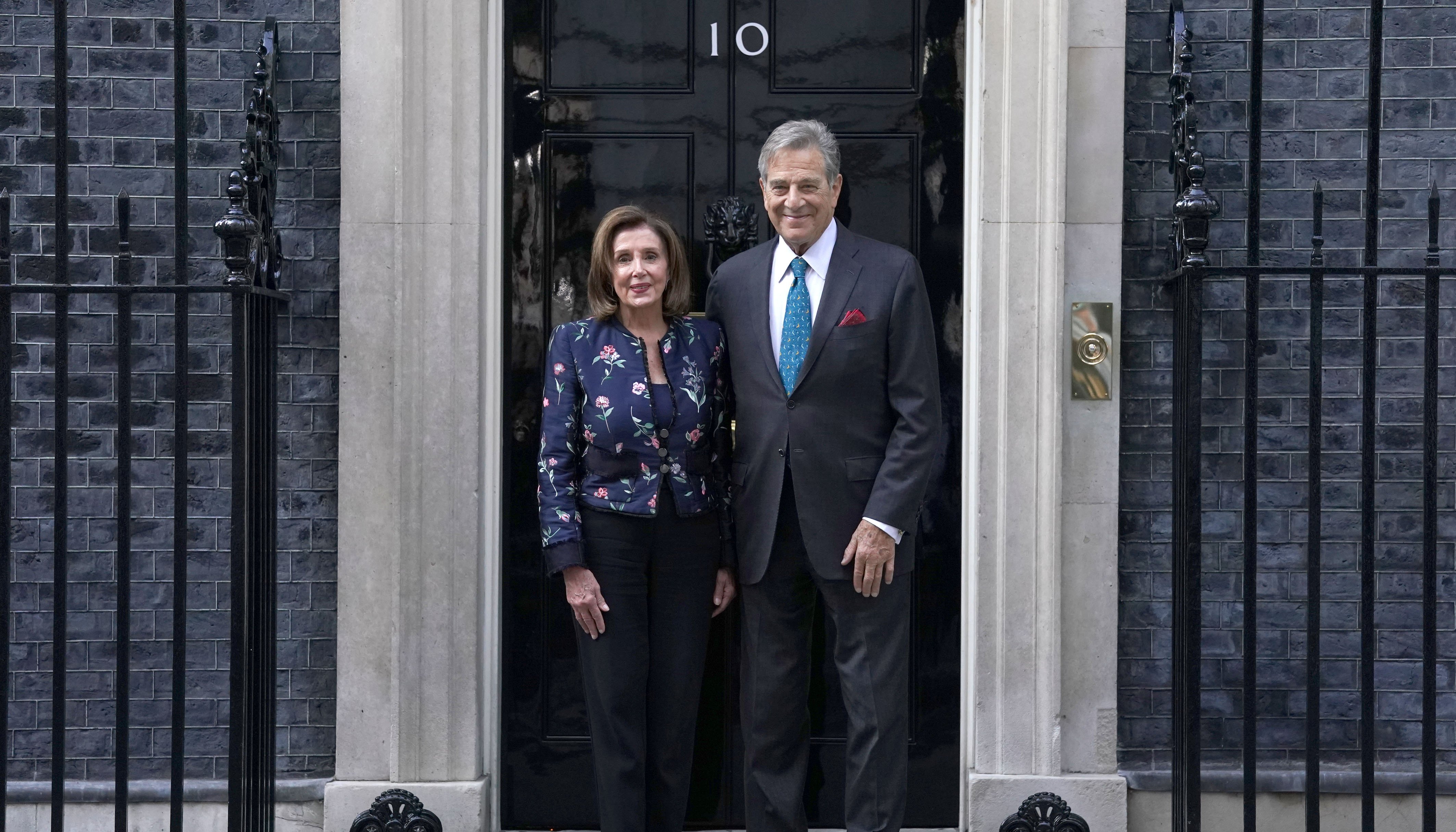 Nancy Pelosi, the Speaker of the United States House of Representatives, stands outside 10 Downing Street, central London, with her husband Paul, as she arrives for talks with Prime Minister Boris Johnson.