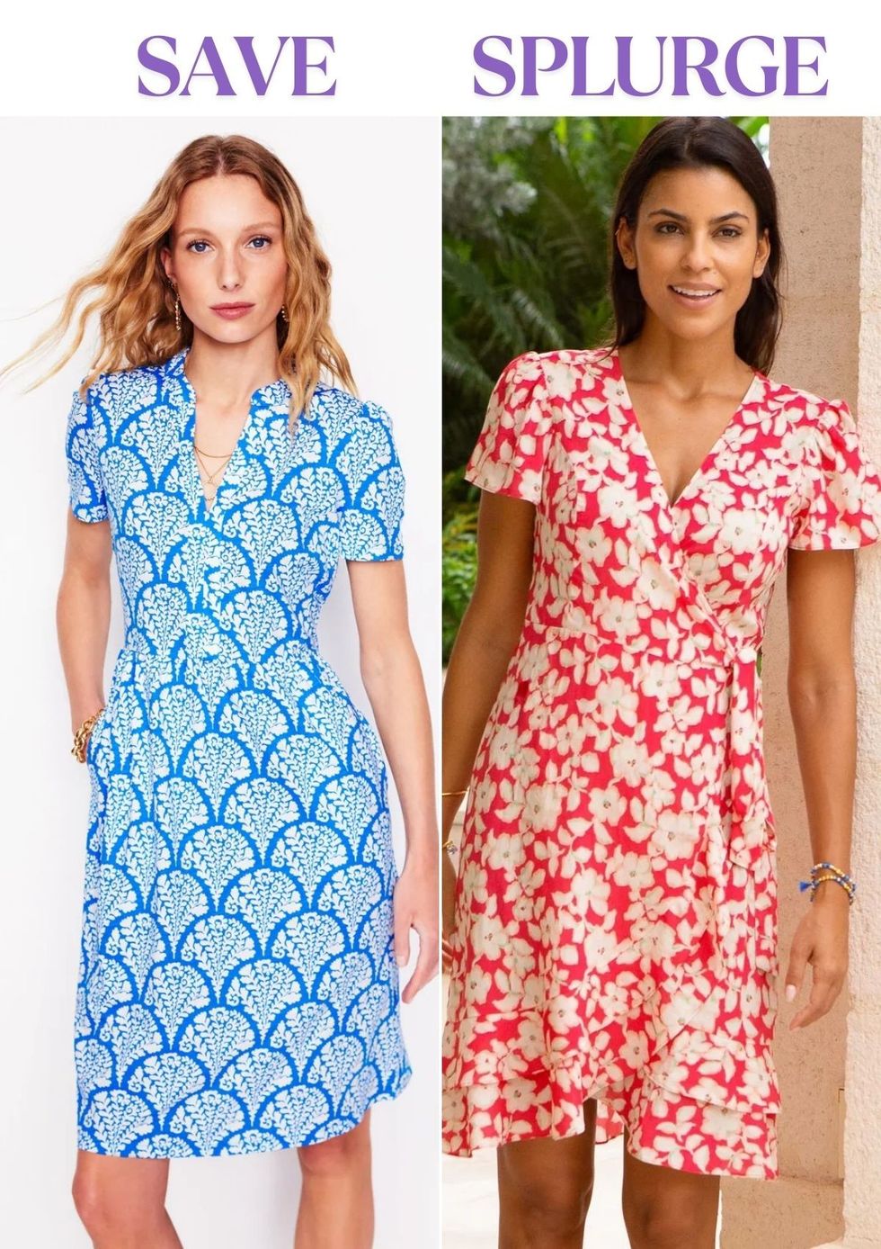 Naomi Short Sleeve Dress-Cerulean Blue, Blossomy | Boden UK / Chelsea EcoVero Wrap Dress in Blossom Pink/Cream | Aspiga