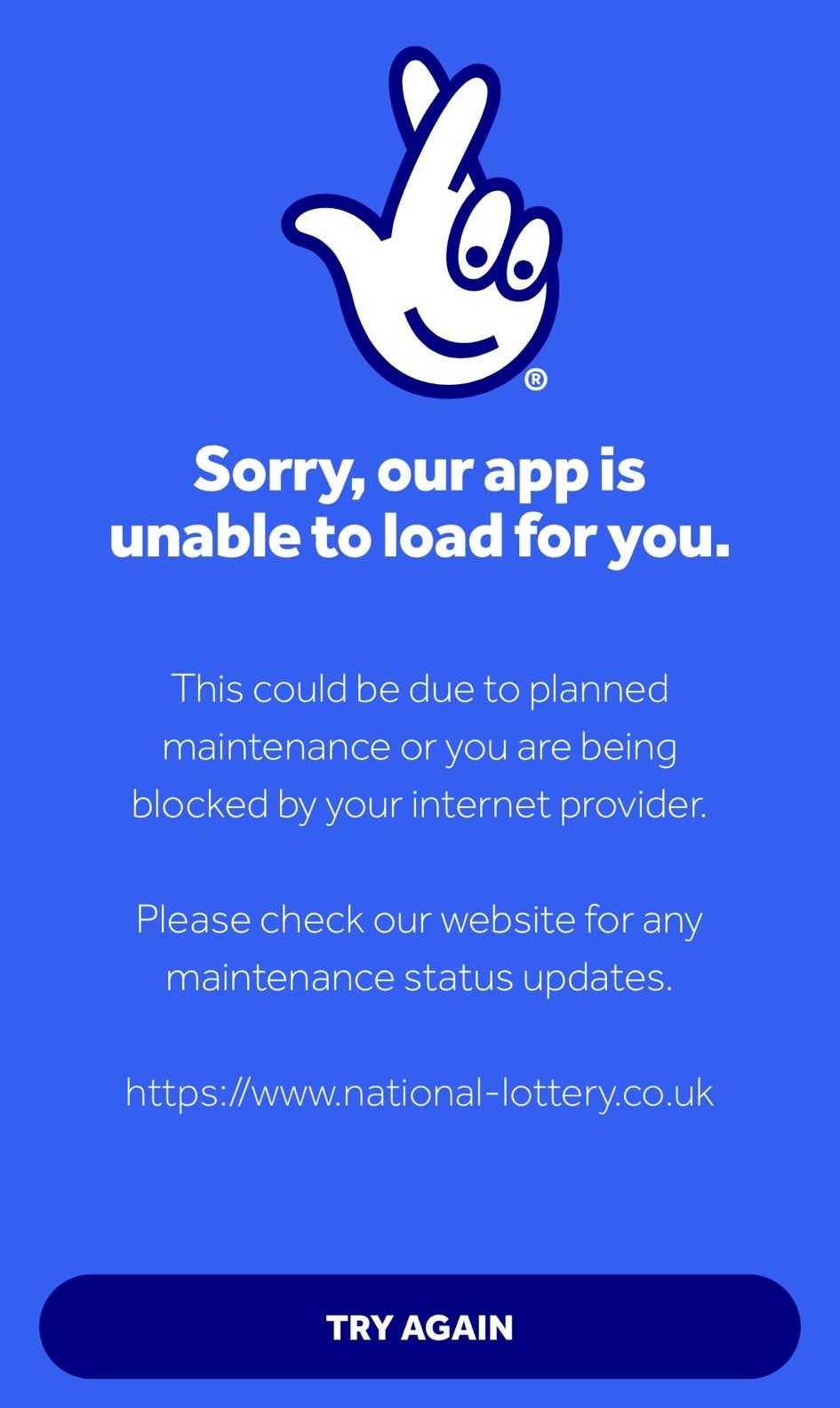 National Lottery app down message
