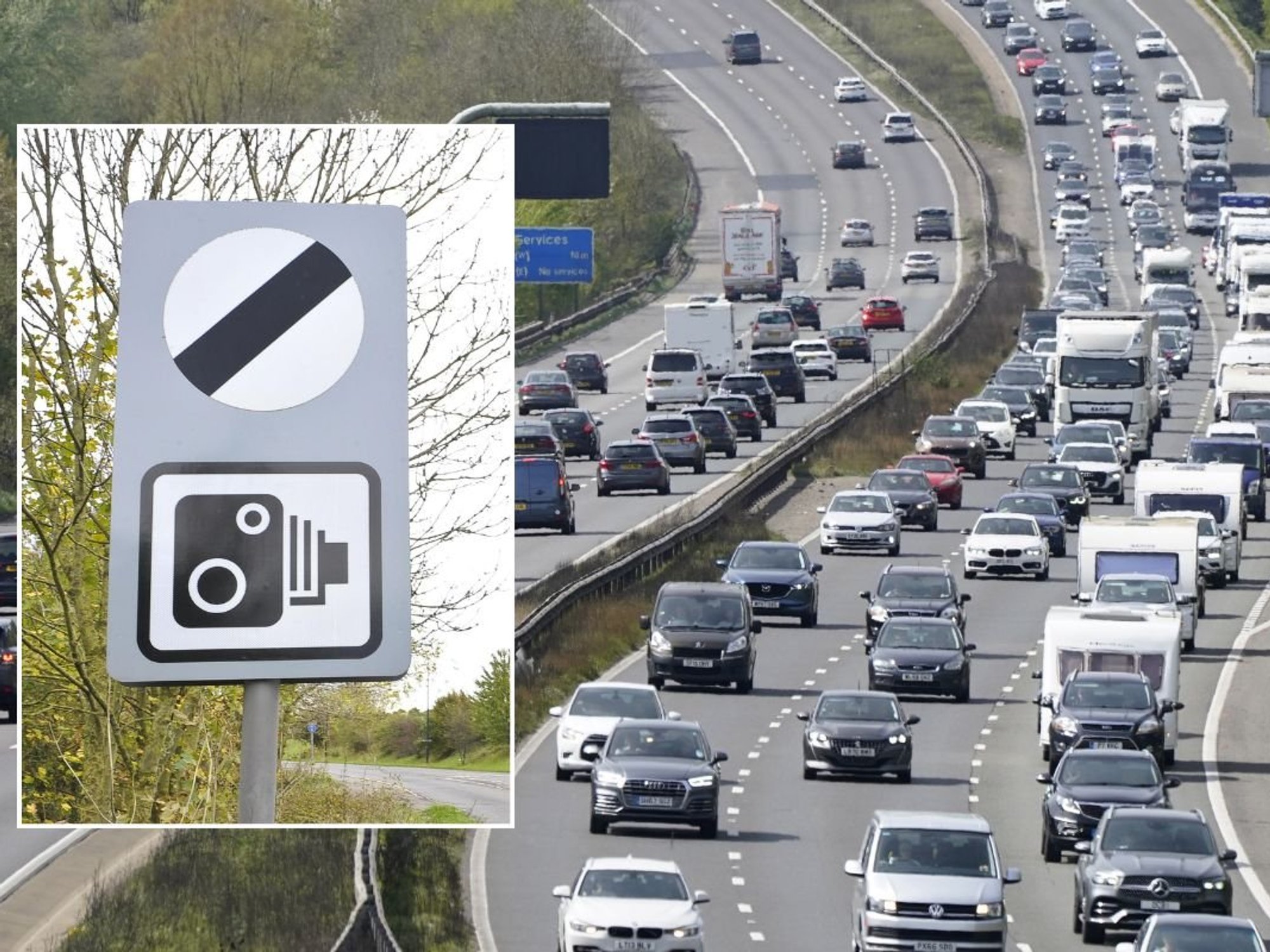 National speed limit sign and a busy motorway of traffic