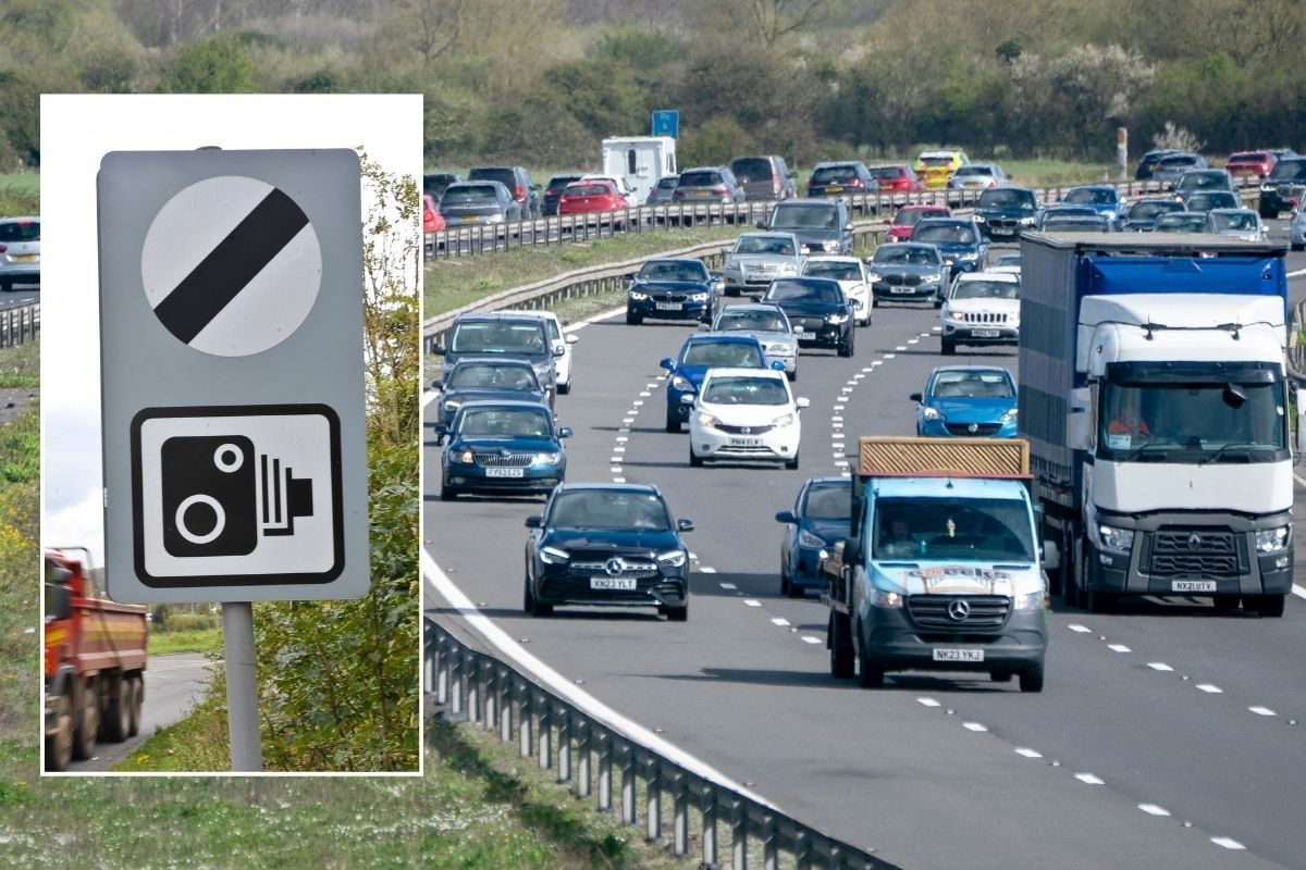 National speed limit sign and a busy motorway
