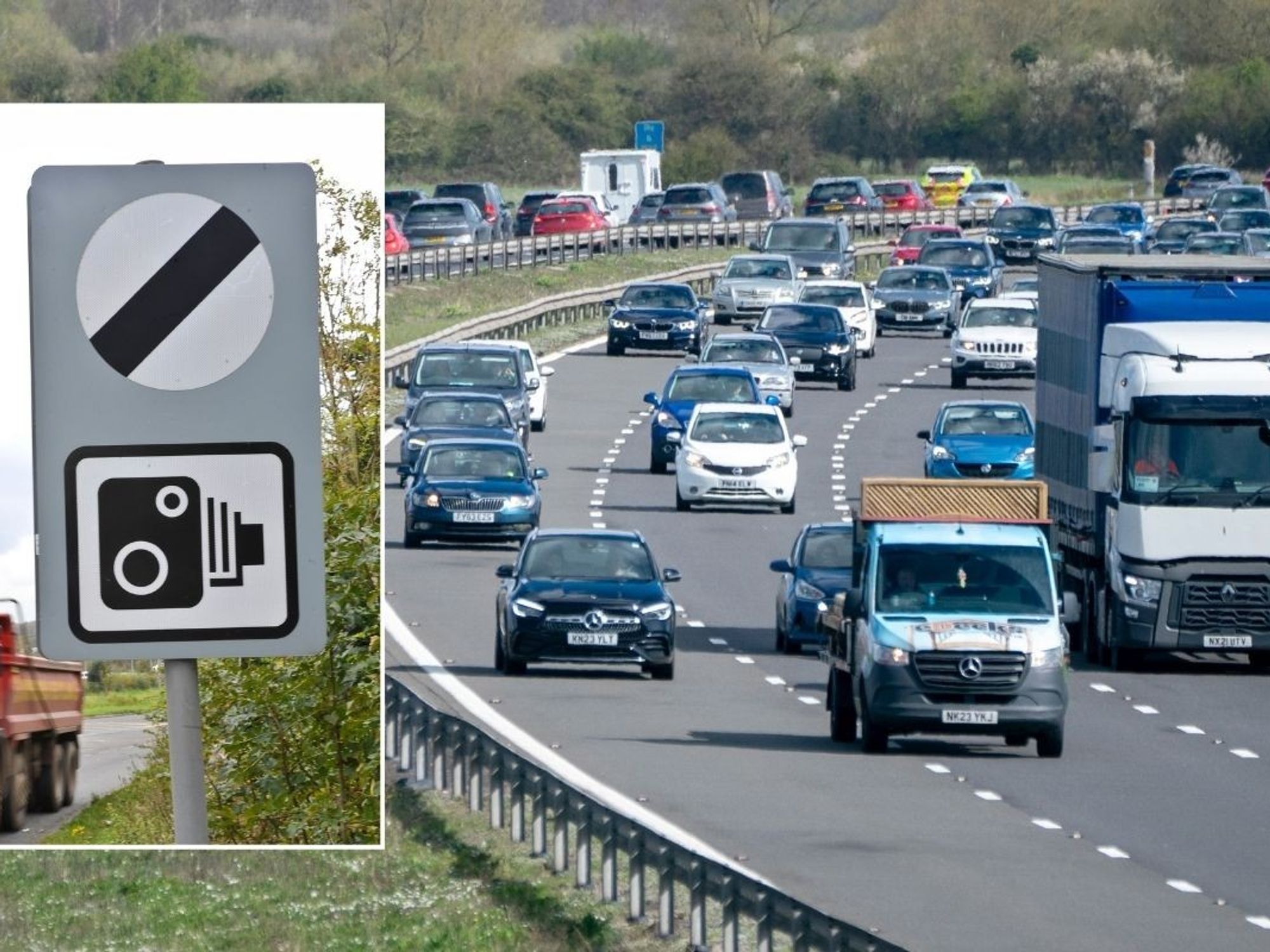 National speed limit sign and a busy motorway