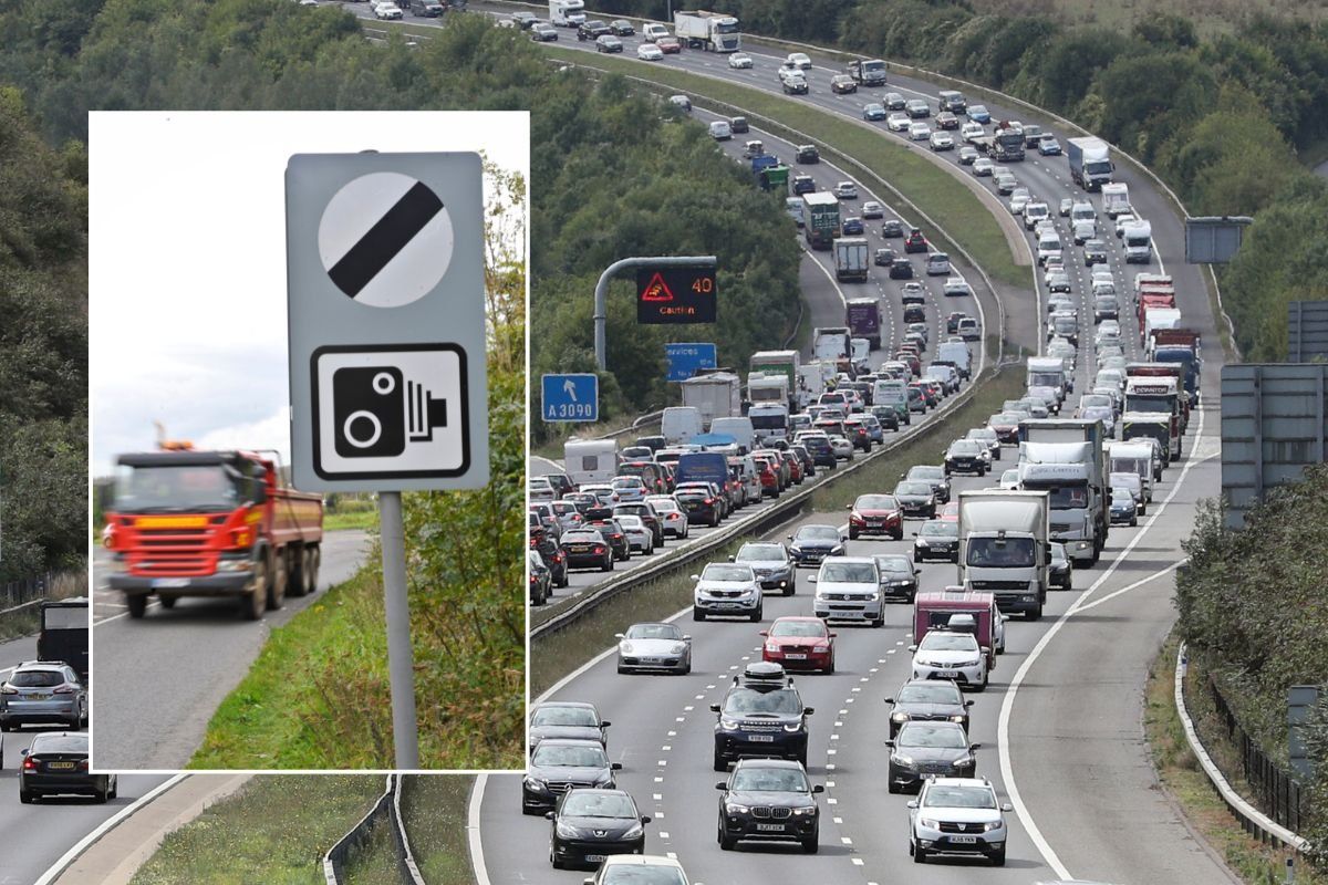 National speed limit sign and a busy motorway