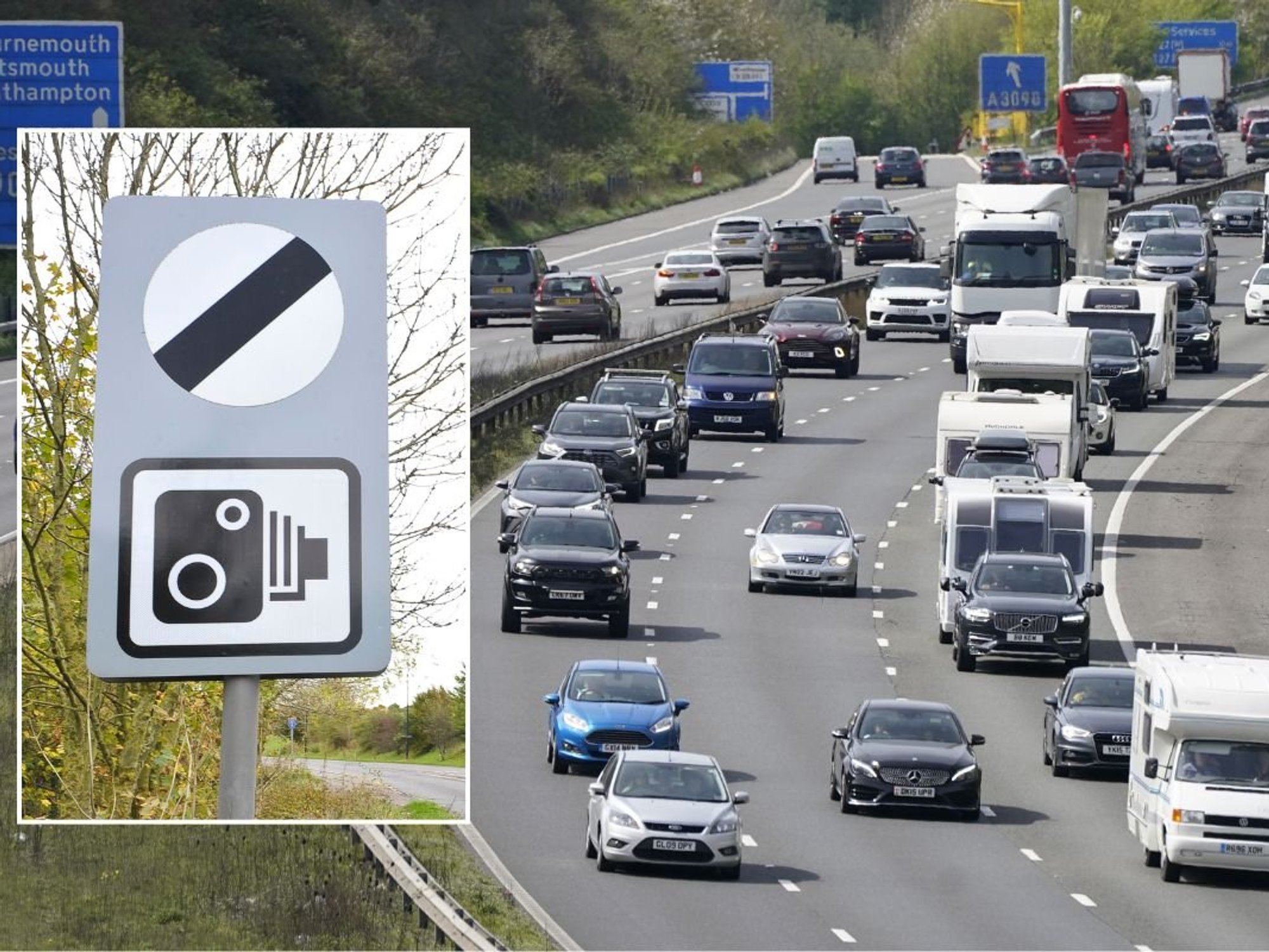 National speed limit sign and a busy motorway