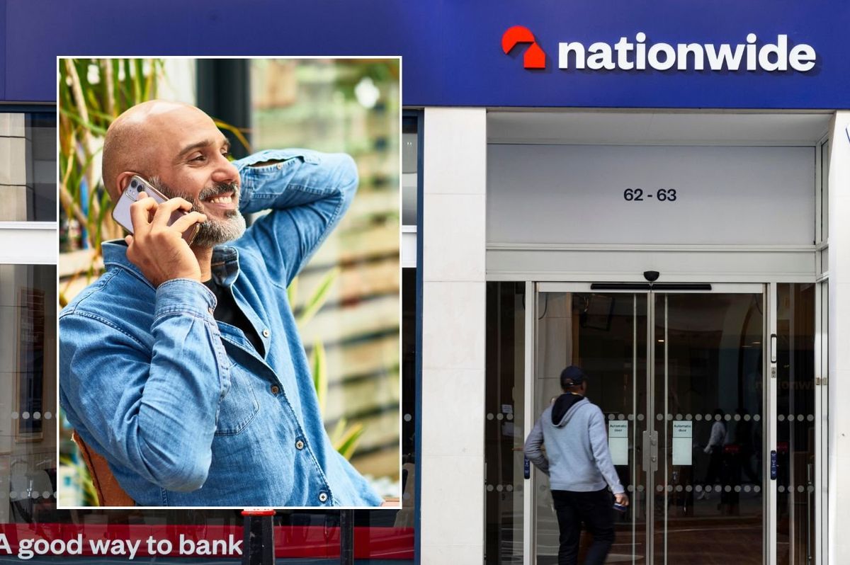 Nationwide branch and man happy on phone