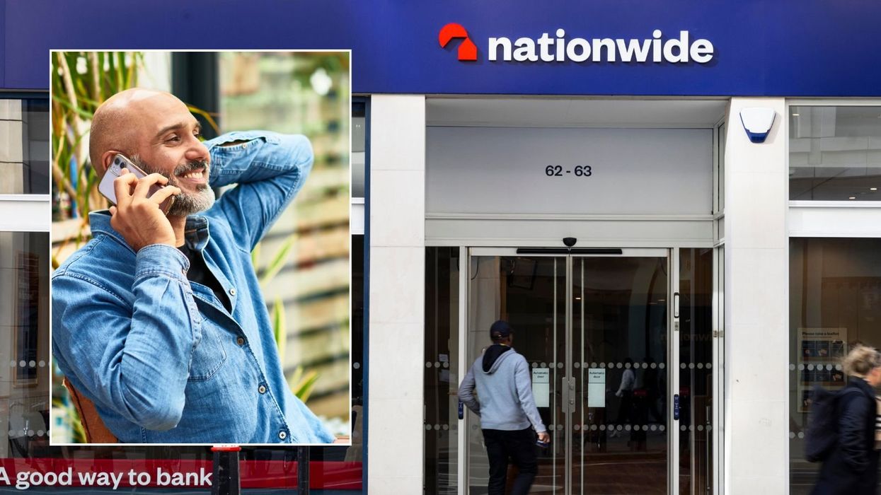 Nationwide branch and man happy on phone