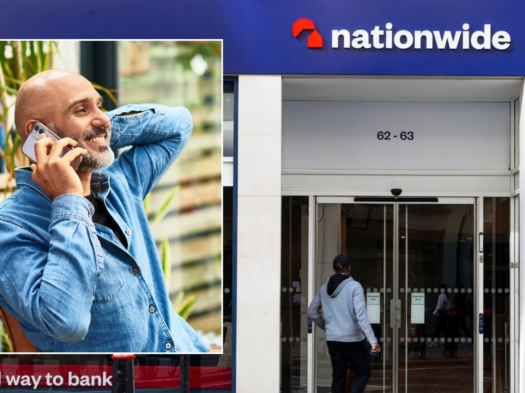 Nationwide branch and man happy on phone