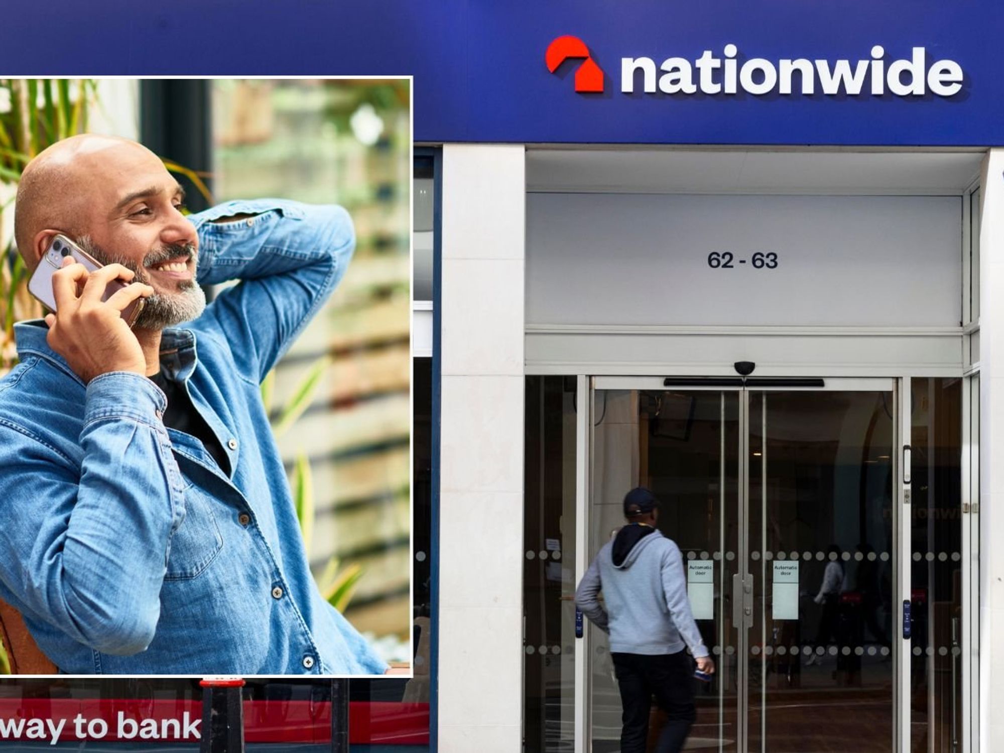 Nationwide branch and man happy on phone