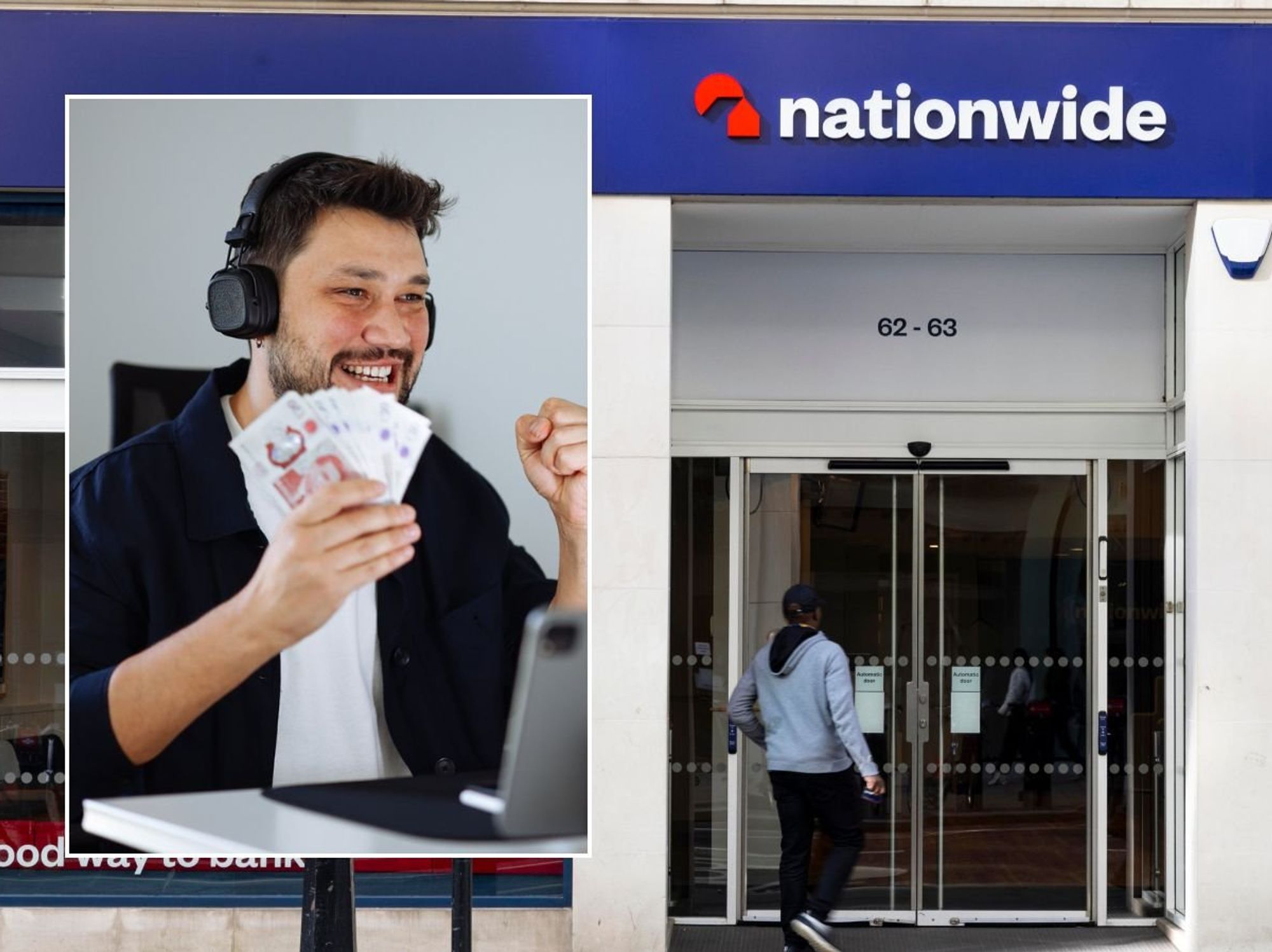 Nationwide branch and man holding money