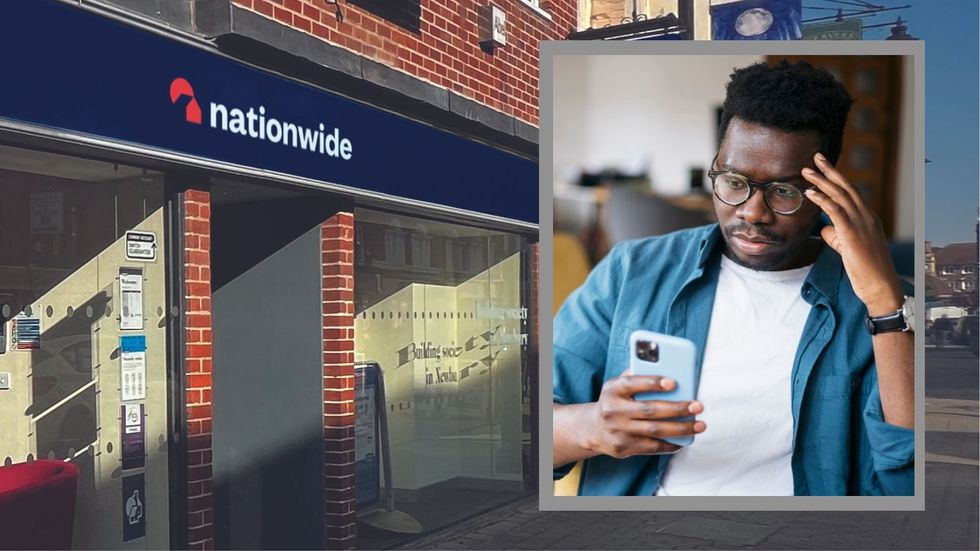 Nationwide branch and man looking annoyed at phone