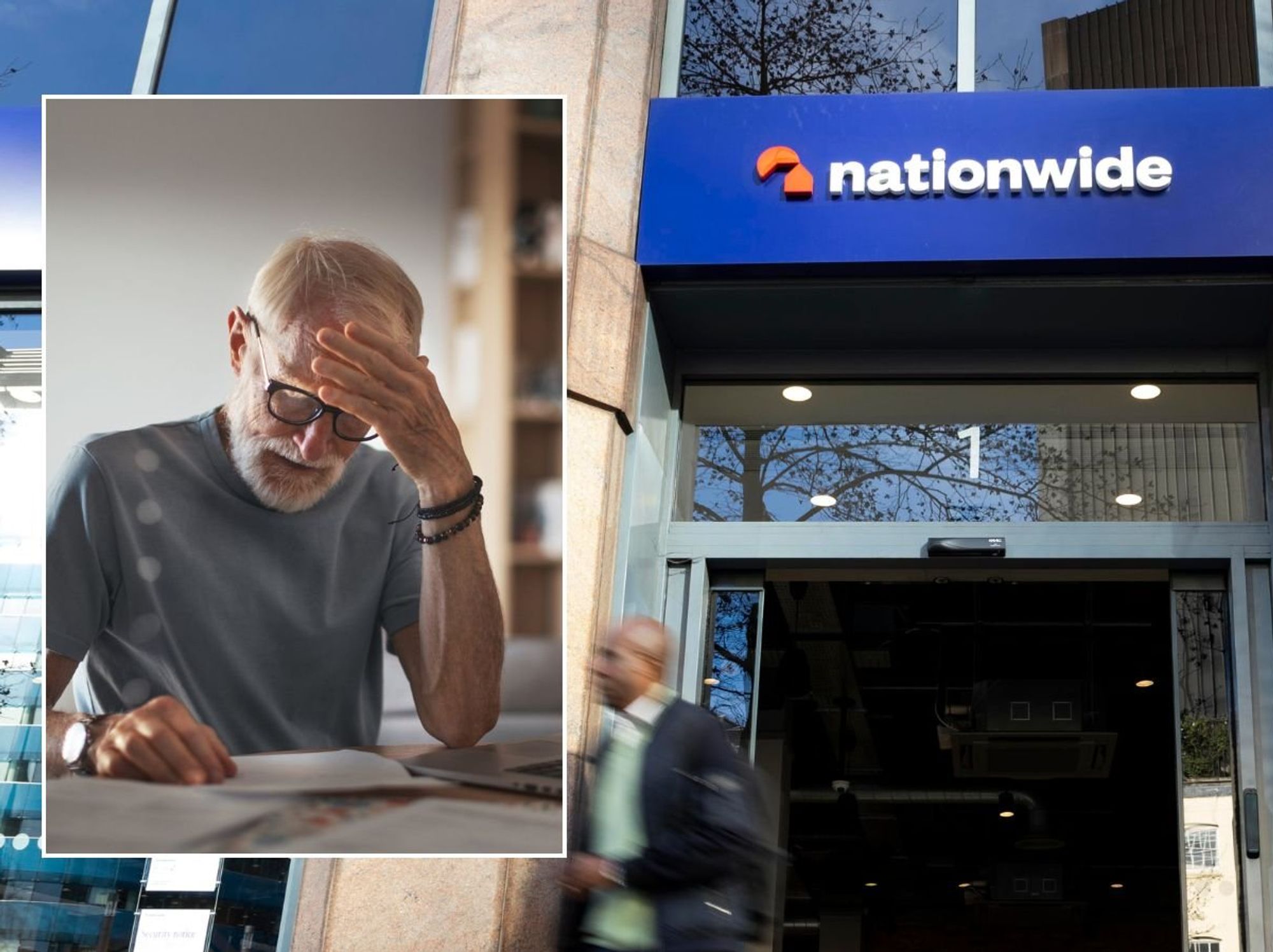 Nationwide branch and man looking worried