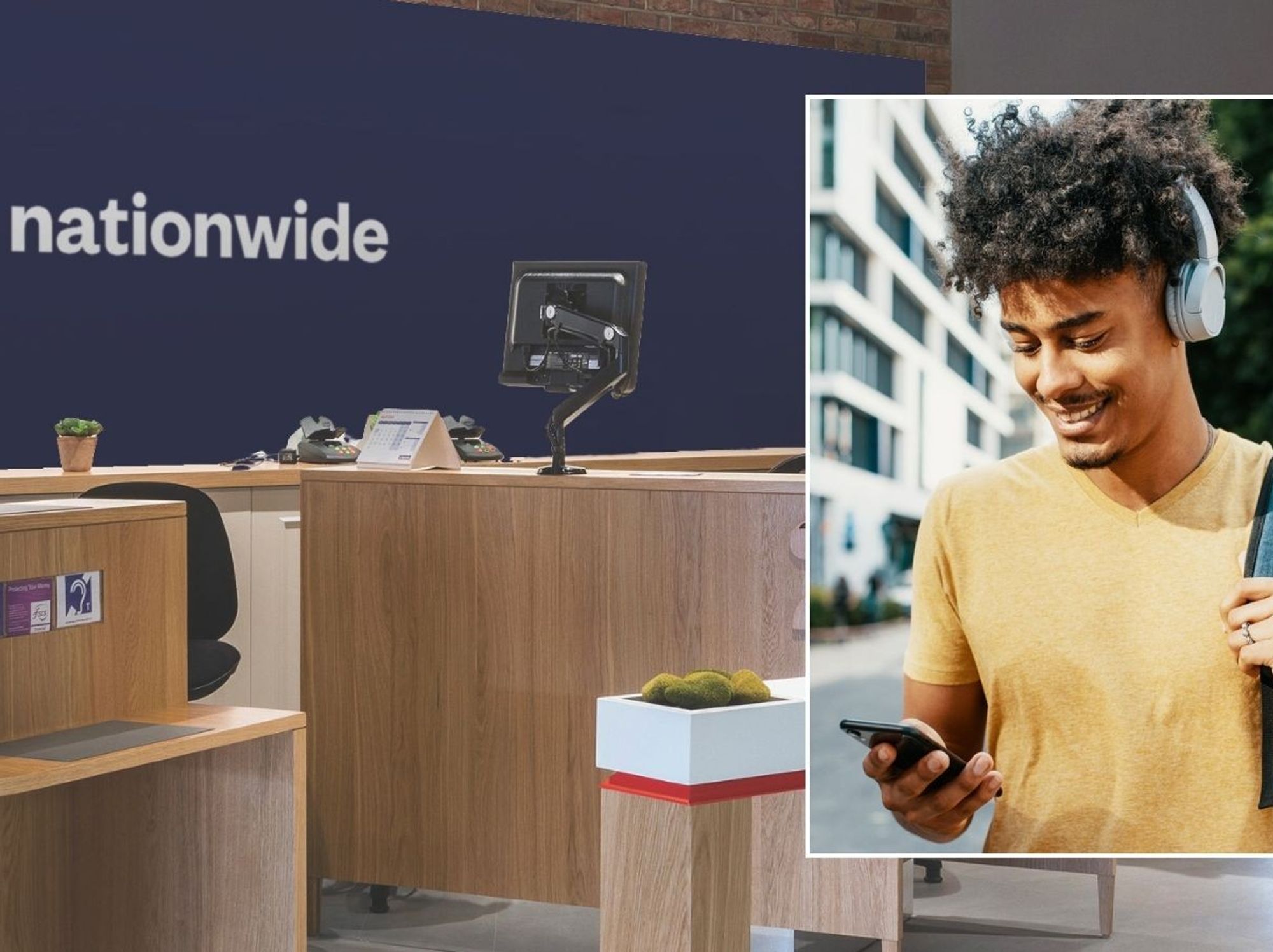 Nationwide branch and man on phone