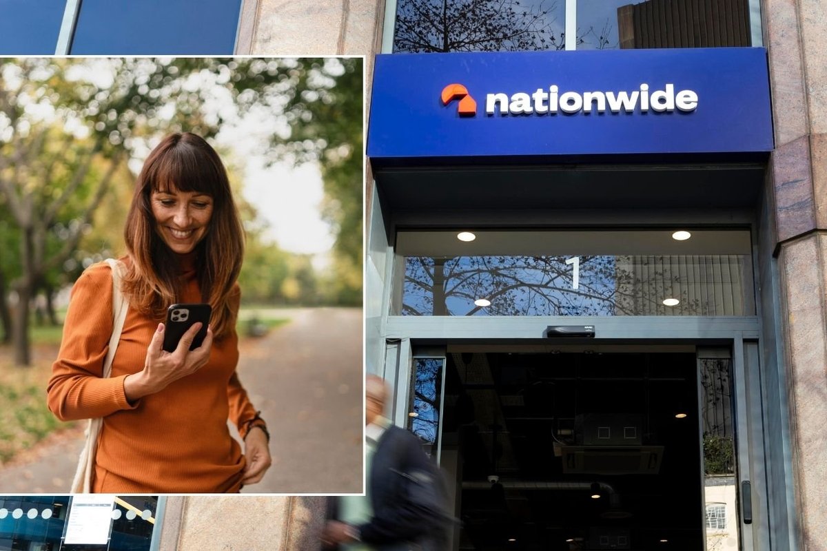 Nationwide branch and woman looking at phone