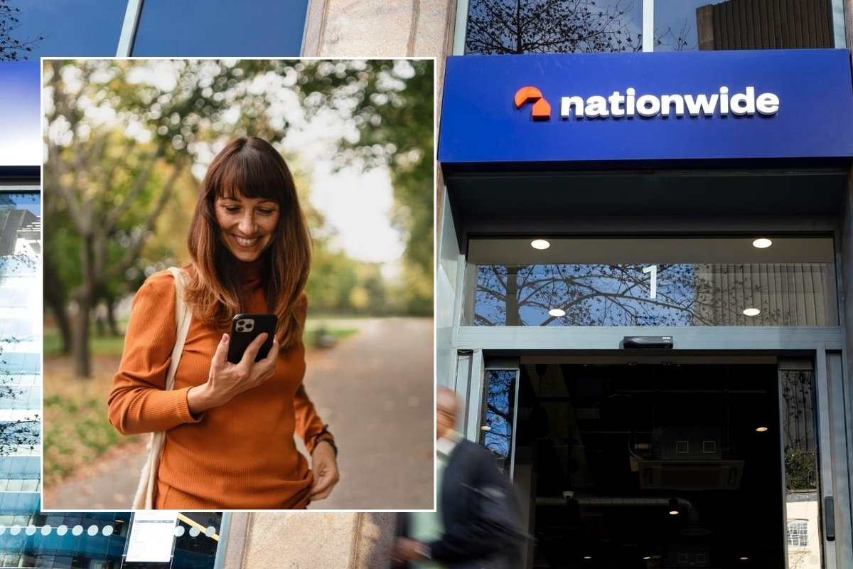 Nationwide branch and woman looking at phone