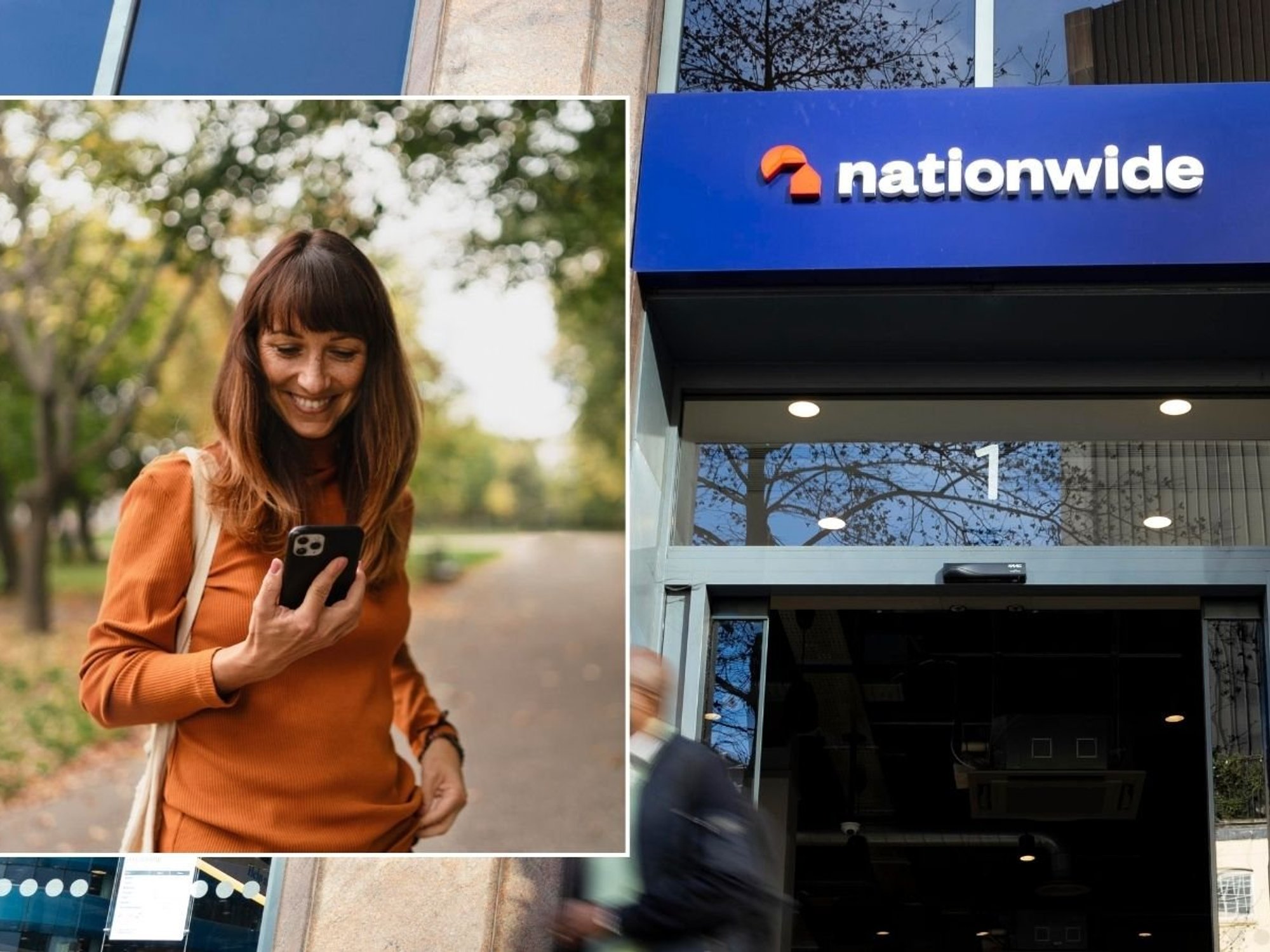 Nationwide branch and woman looking at phone