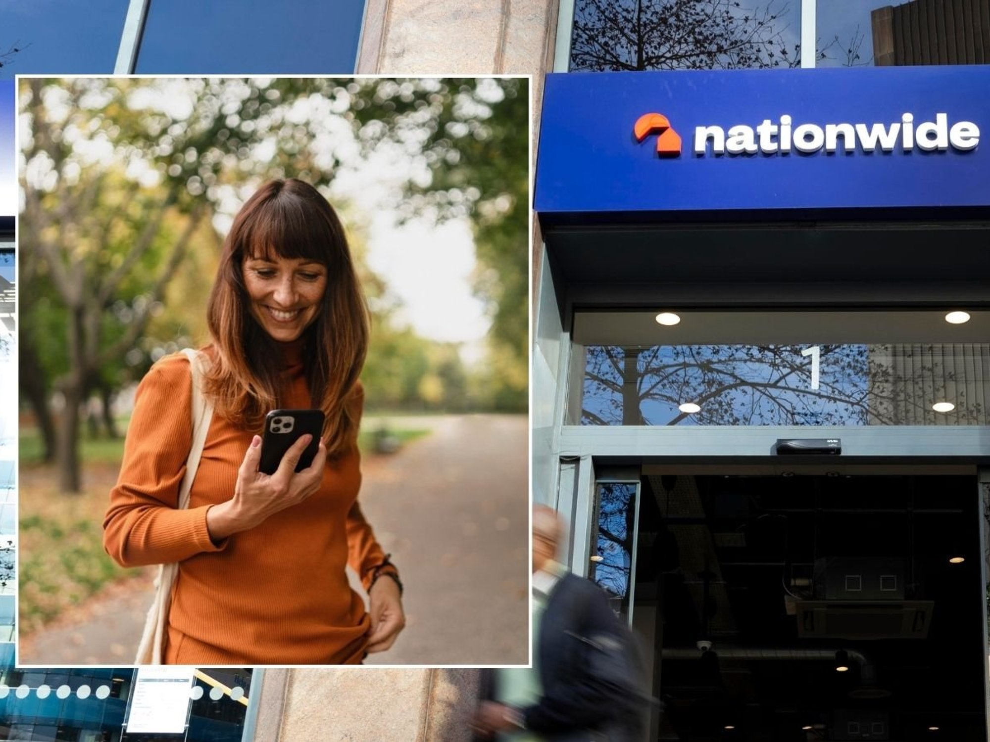 Nationwide branch and woman looking at phone