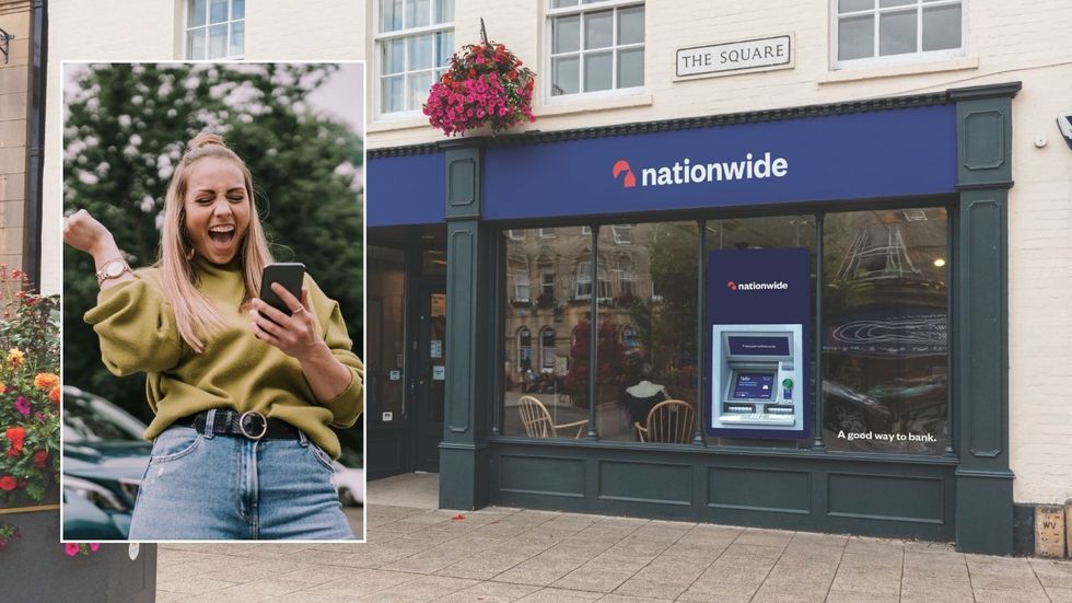 Nationwide branch and woman on phone looking happy