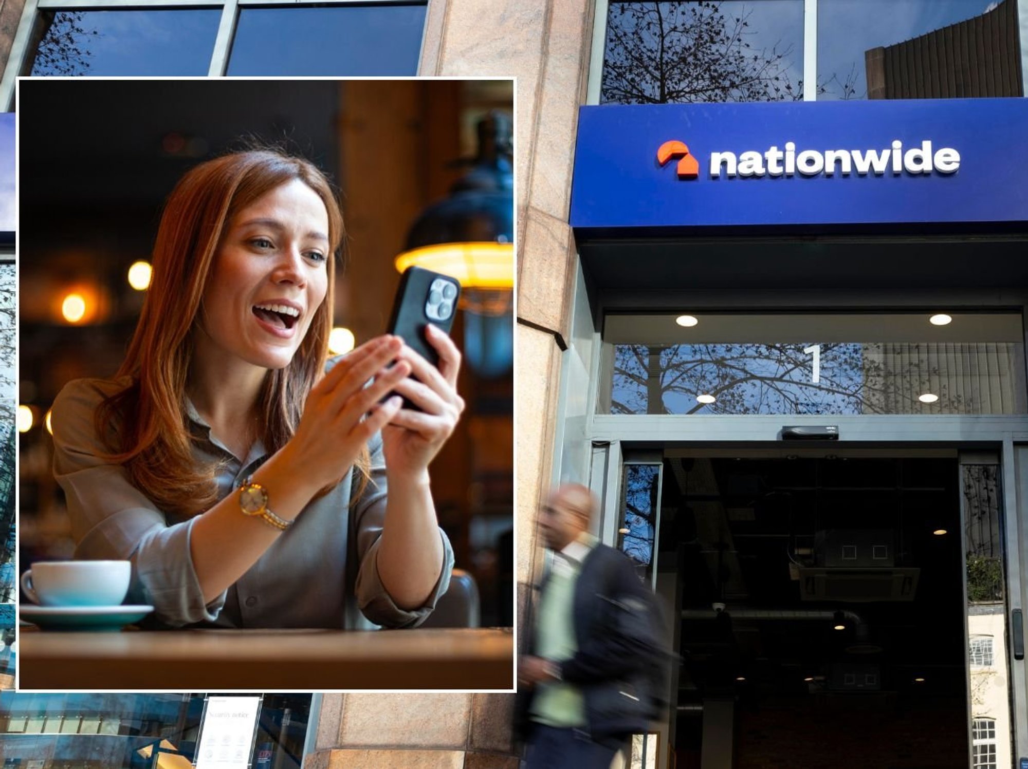 Nationwide branch and woman on phone