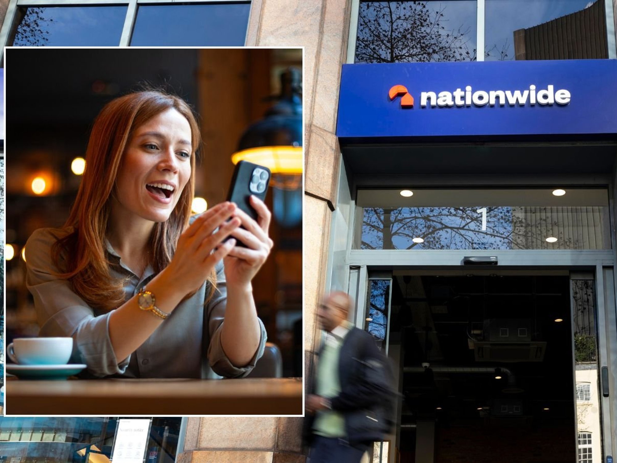 Nationwide branch and woman on phone