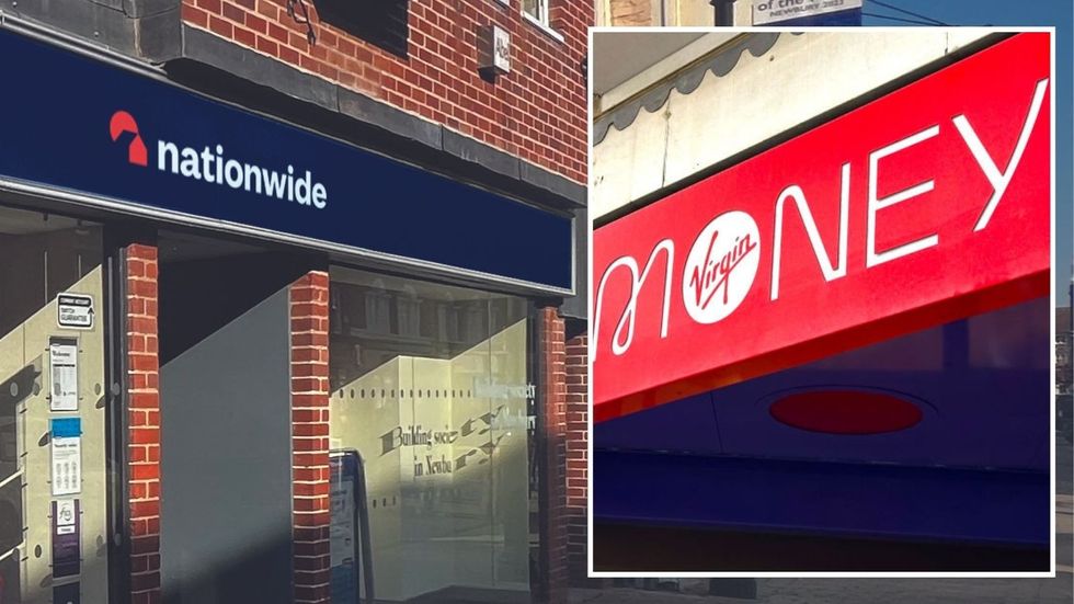 Nationwide Building Society and Virgin Money logo outside bank branch
