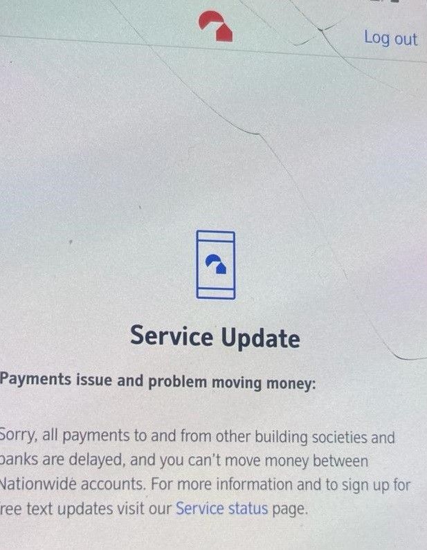 Nationwide Building Society app shows message warning of payment problems