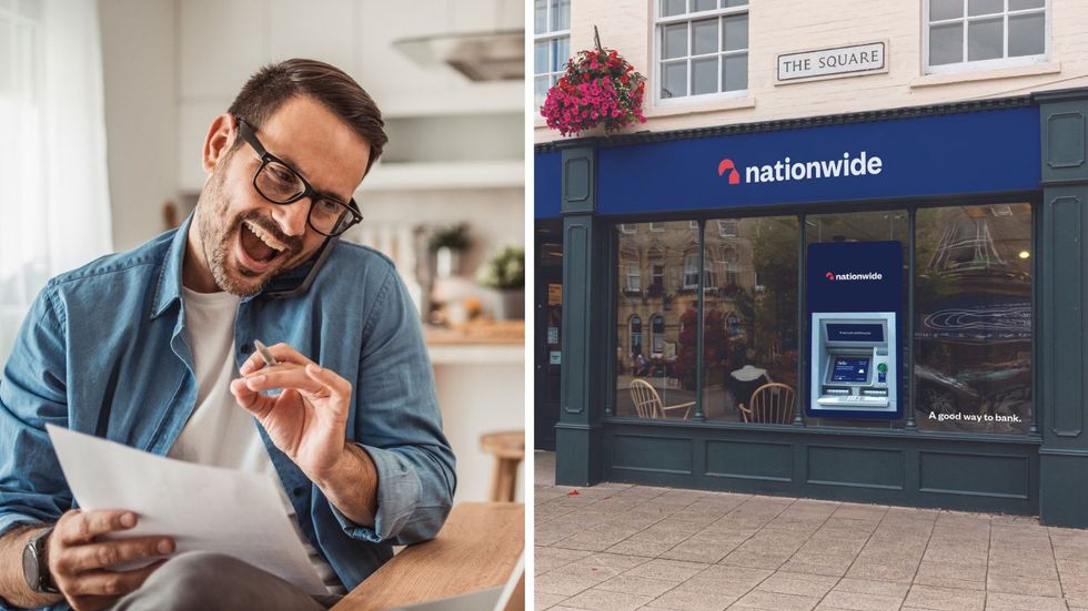 Nationwide Building Society branch and man looking happy